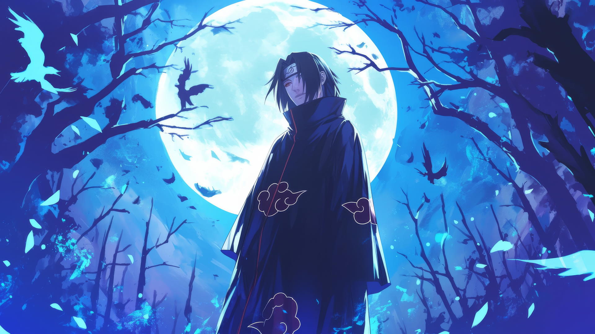 Itachi Uchiha standing under a full moon with a quiet forest