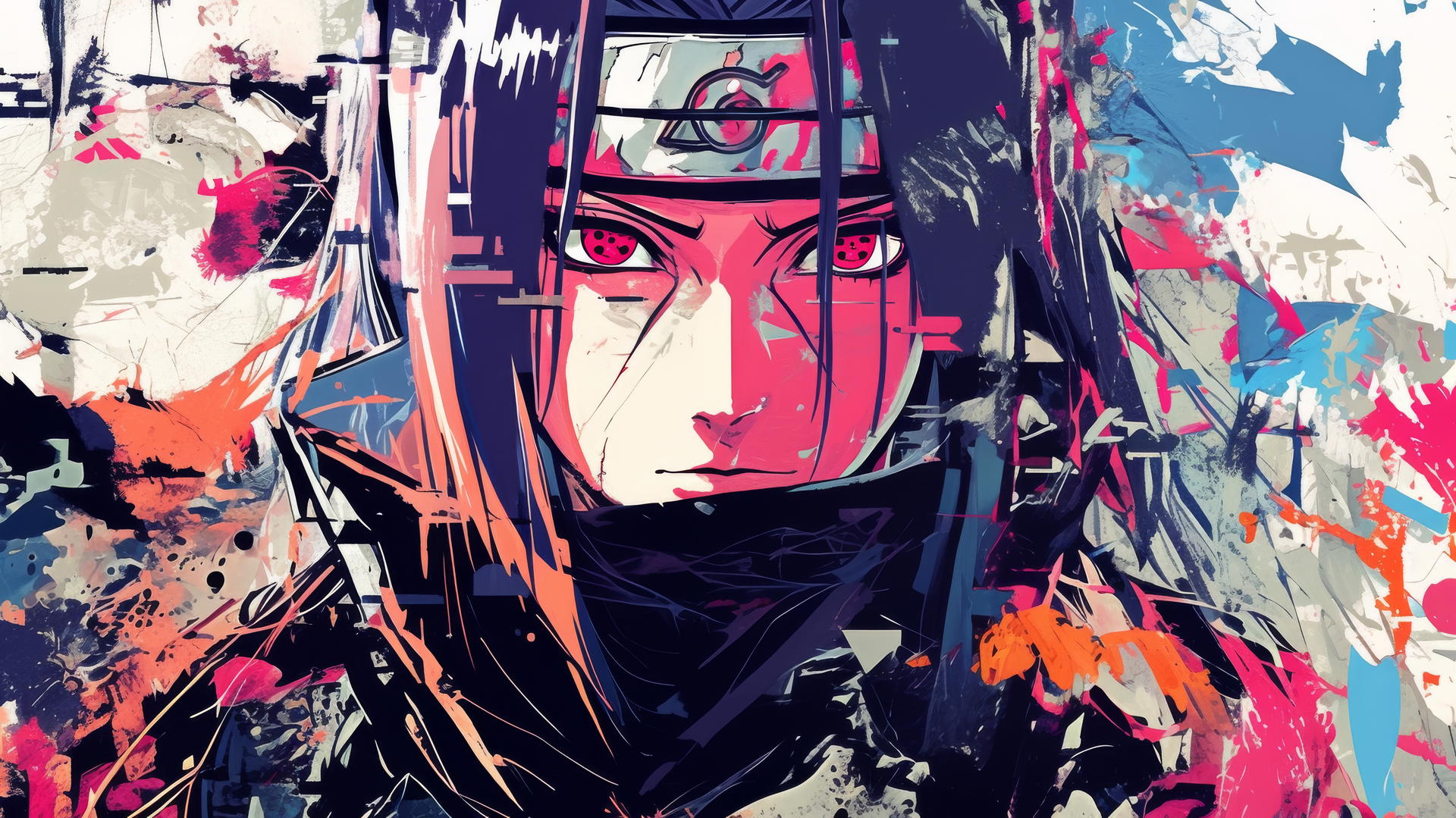 itachi uchiha drawing with bold colors and exaggerated proportions