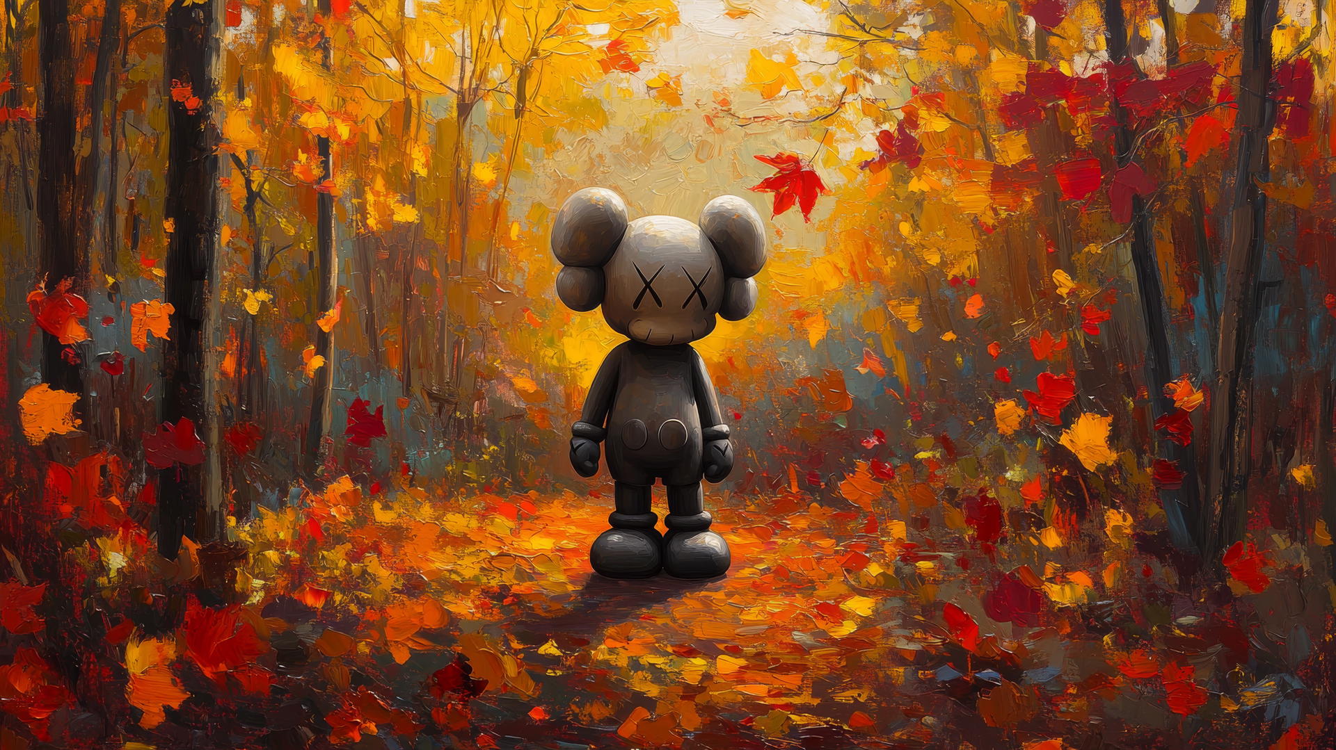 Kaws artwork with Companion in an autumn landscape with falling leaves