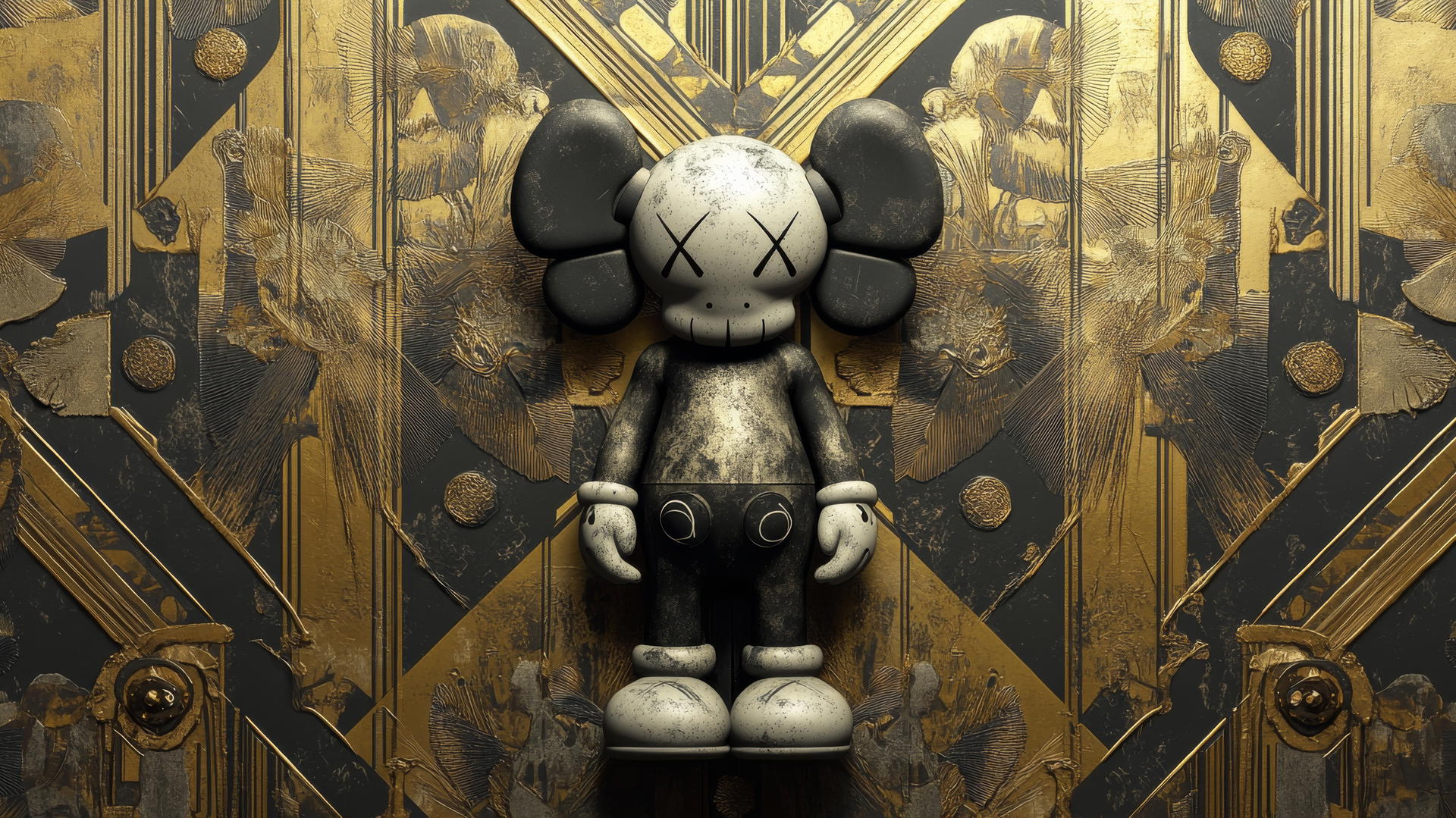 Kaws artwork in a 1920s art deco design with geometric shapes and gold accents