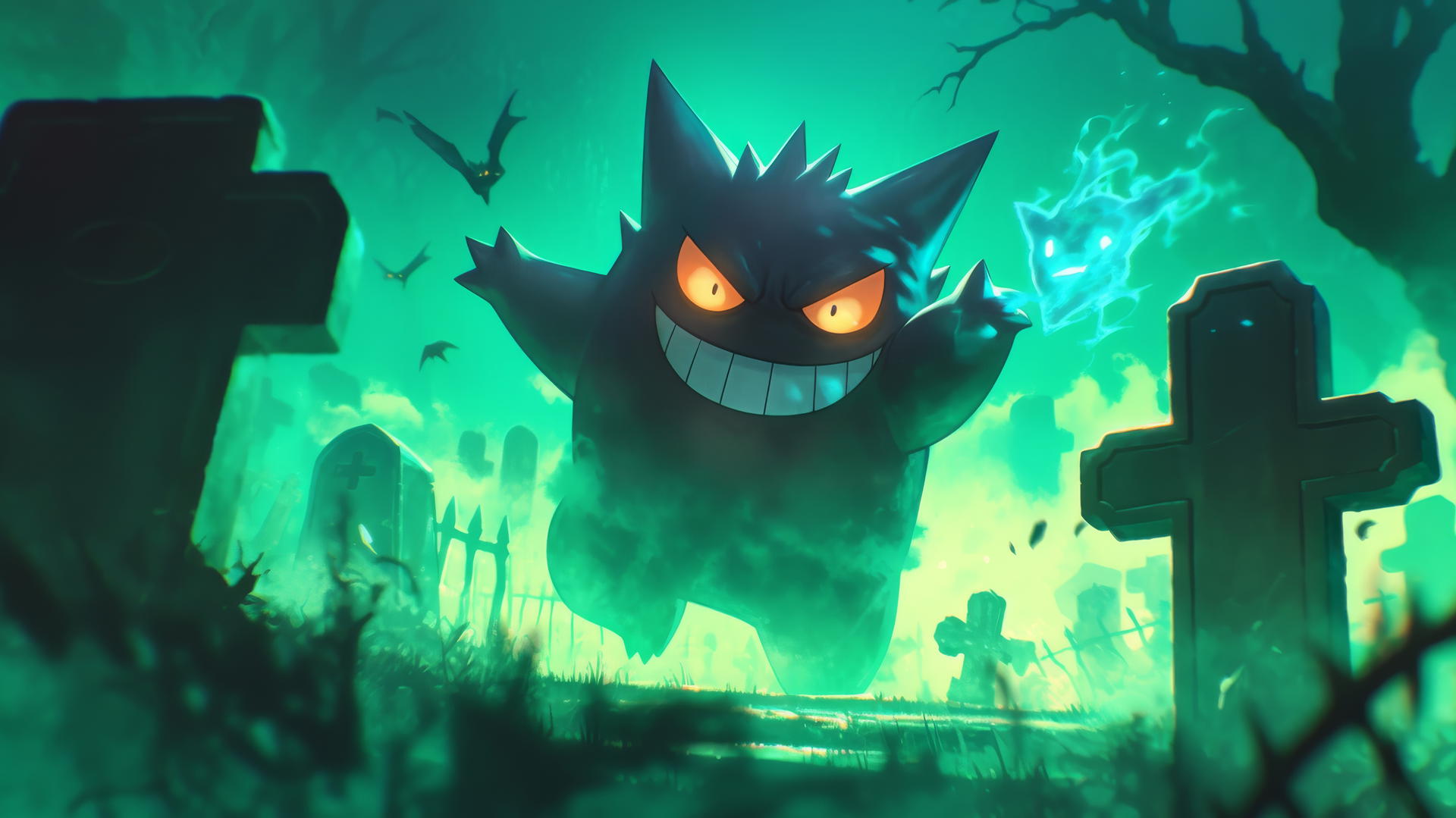 Gengar pokemon appearing through a foggy graveyard with an eerie green glow and smirking.