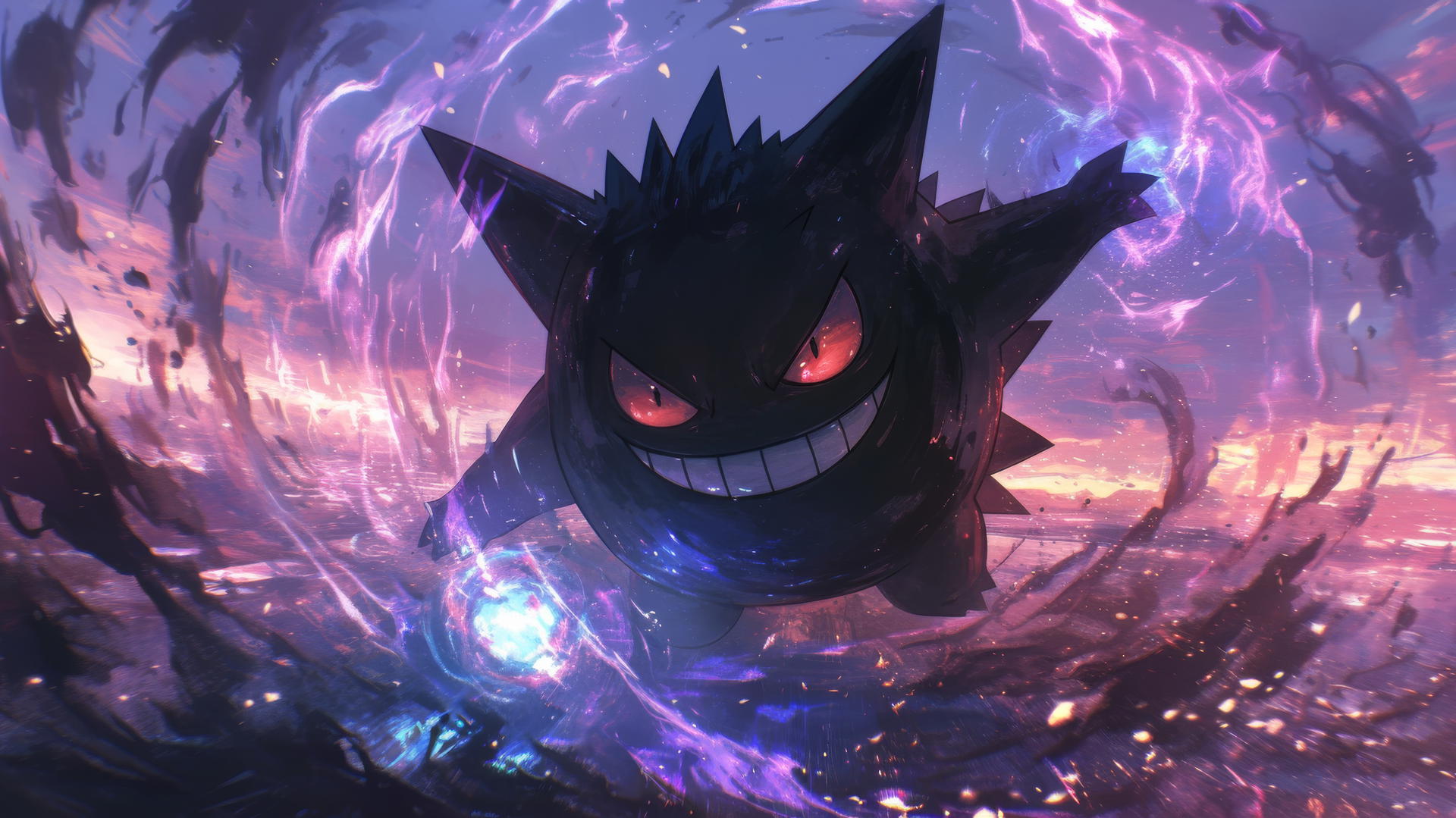 Gengar Pokemon emerging from a swirling portal of dark energy
