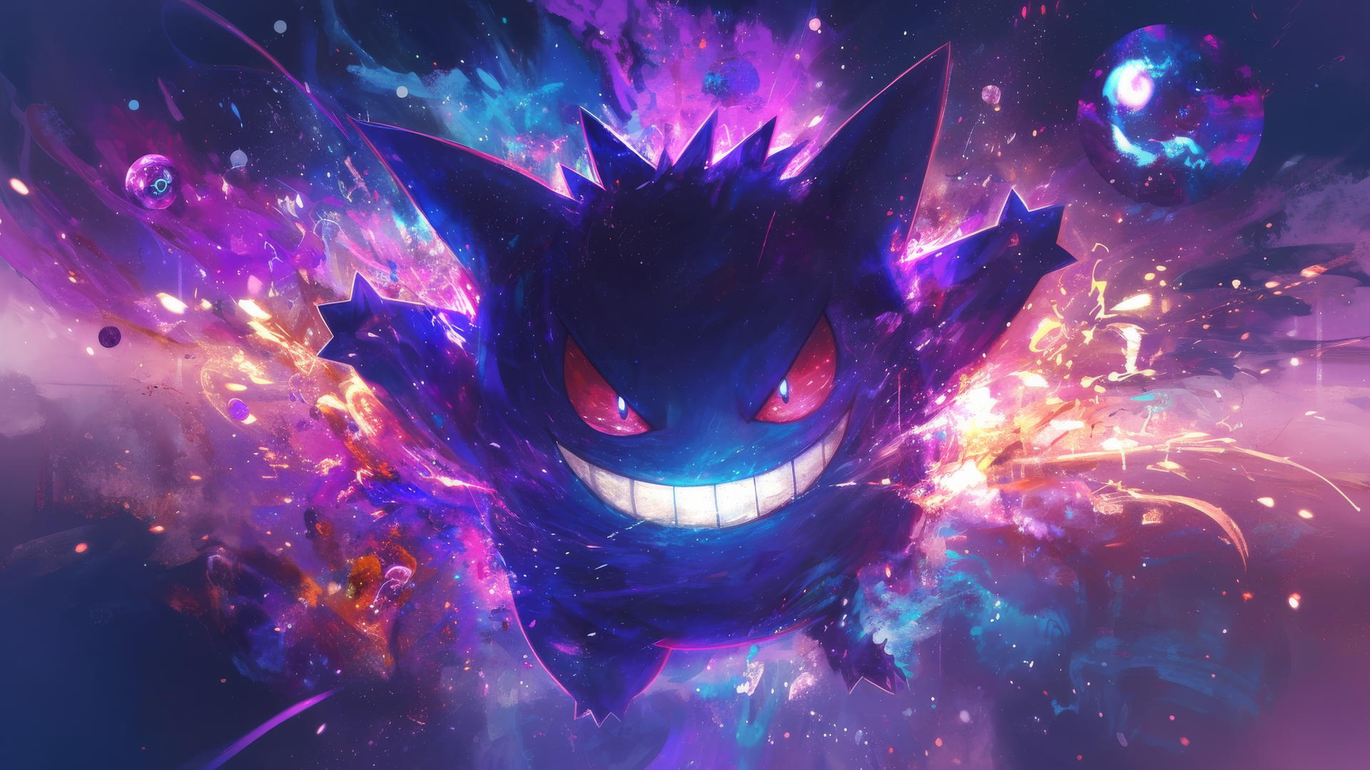 Gengar Pokemon flying through space with a galaxy of stars.