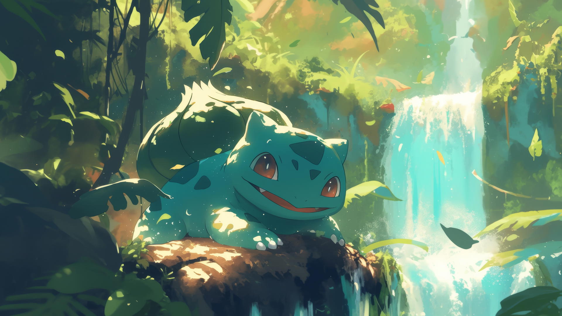 Pokemon Bulbasaur playing in a lush jungle waterfall