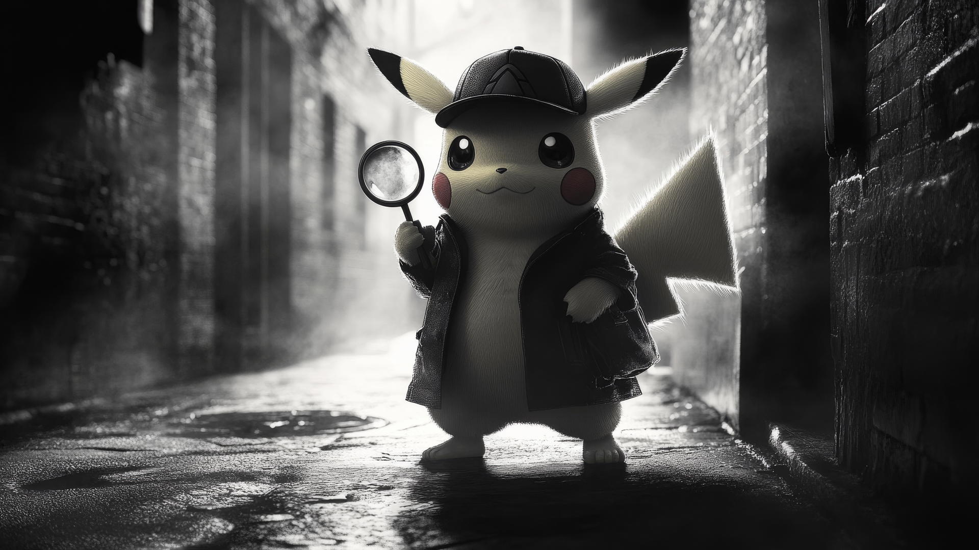 Detective Pikachu standing in foggy alley holding magnifying glass