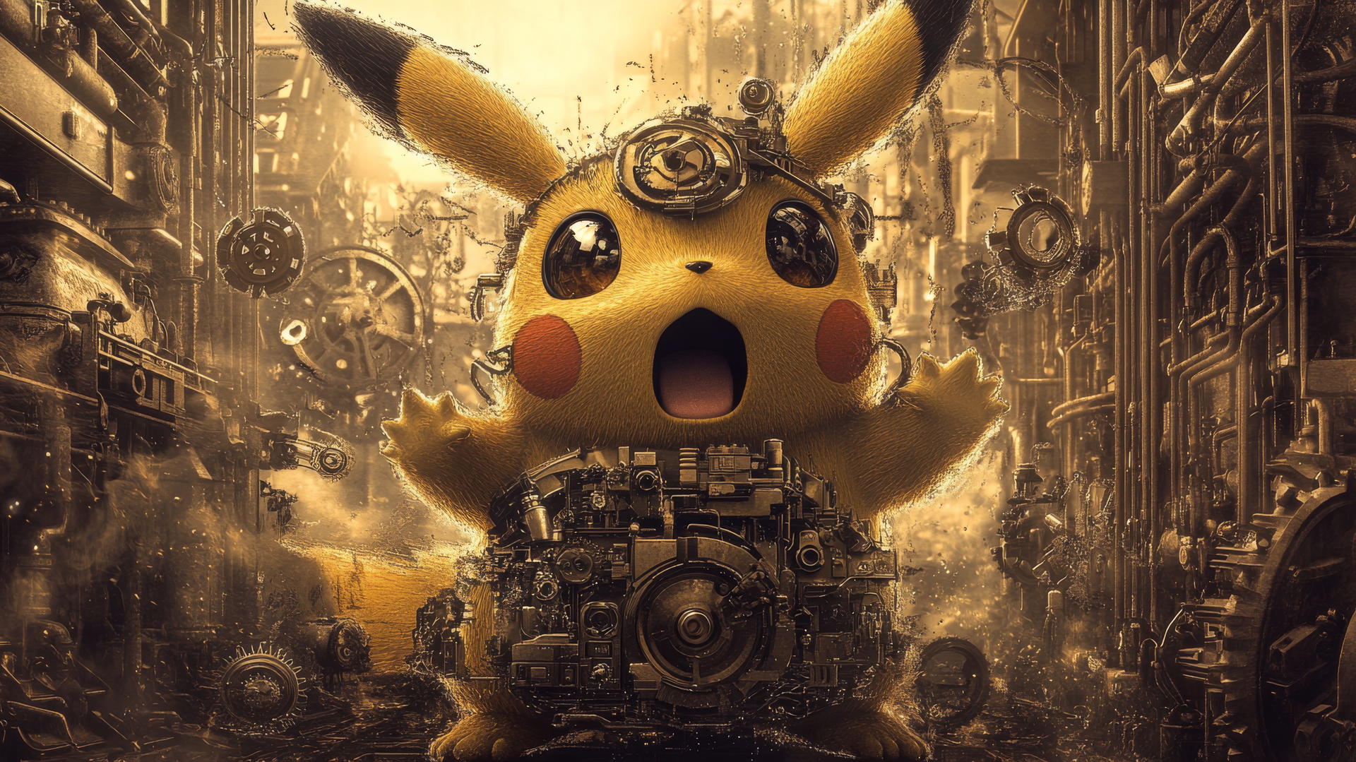 Surprised Pikachu in steampunk world with gears and gadgets