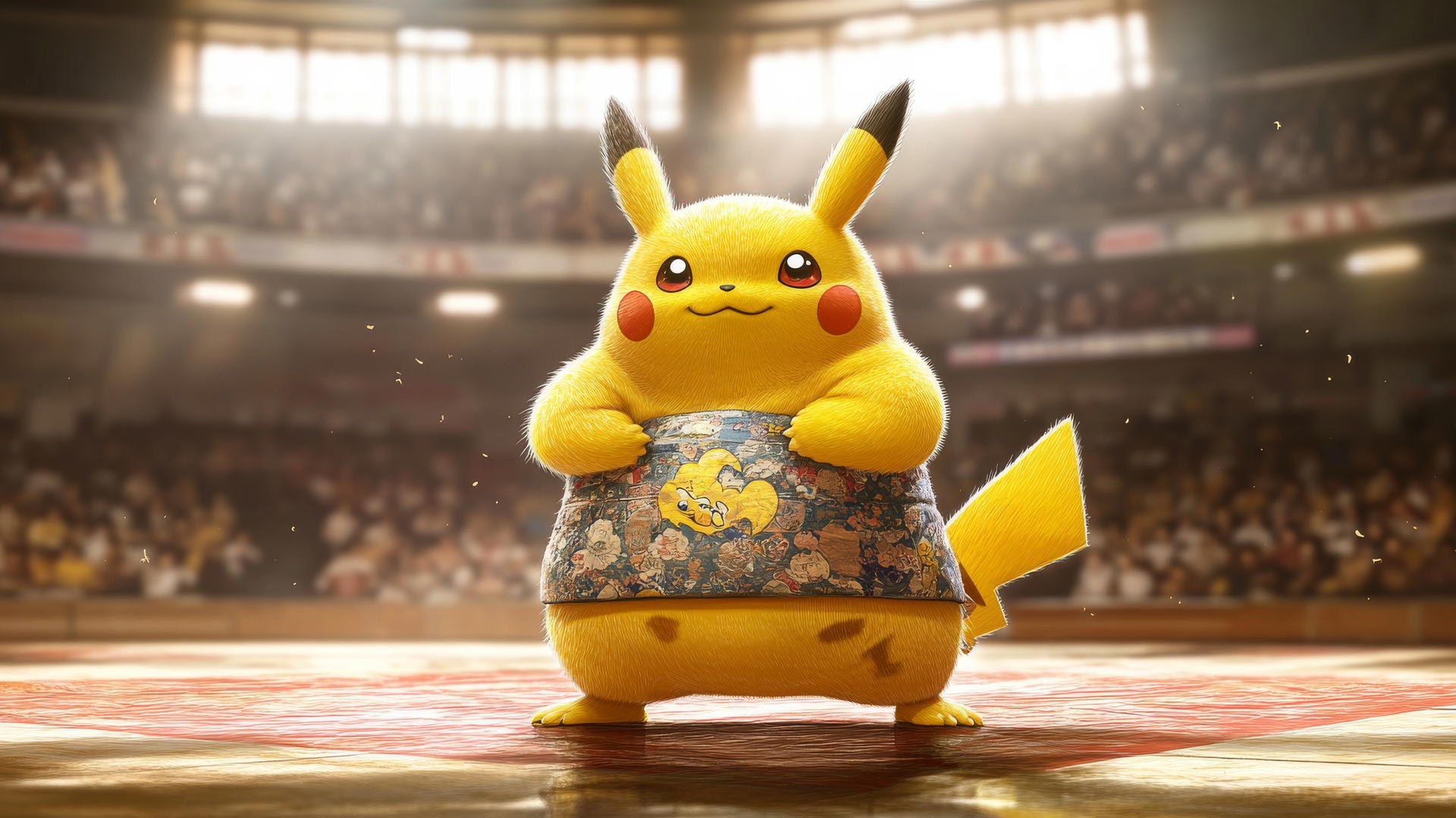 Fat Pikachu dressed in sumo wrestler outfit in sumo ring