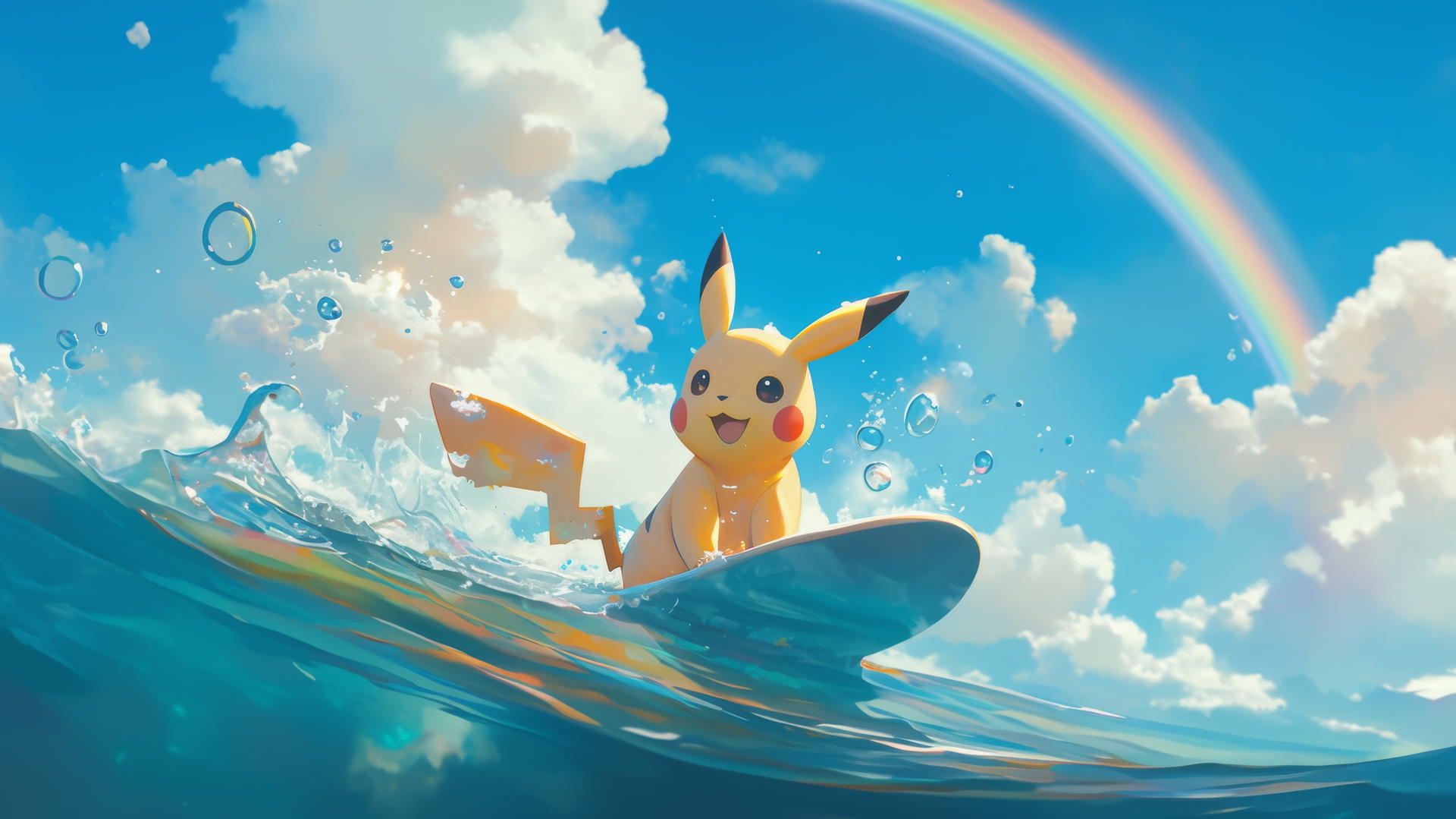 Surfing Pikachu on a calm ocean with a rainbow