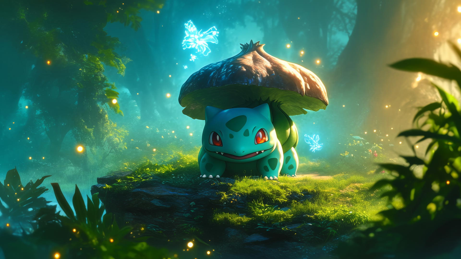 pokemon bulbasaur in forest clearing under glowing mushroom with fireflies