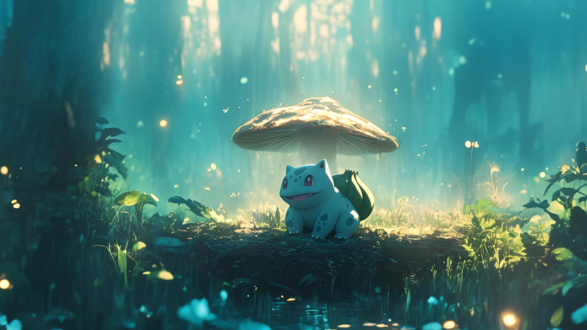 Pokemon Bulbasaur under a glowing mushroom in a serene forest clearing by moonlight.