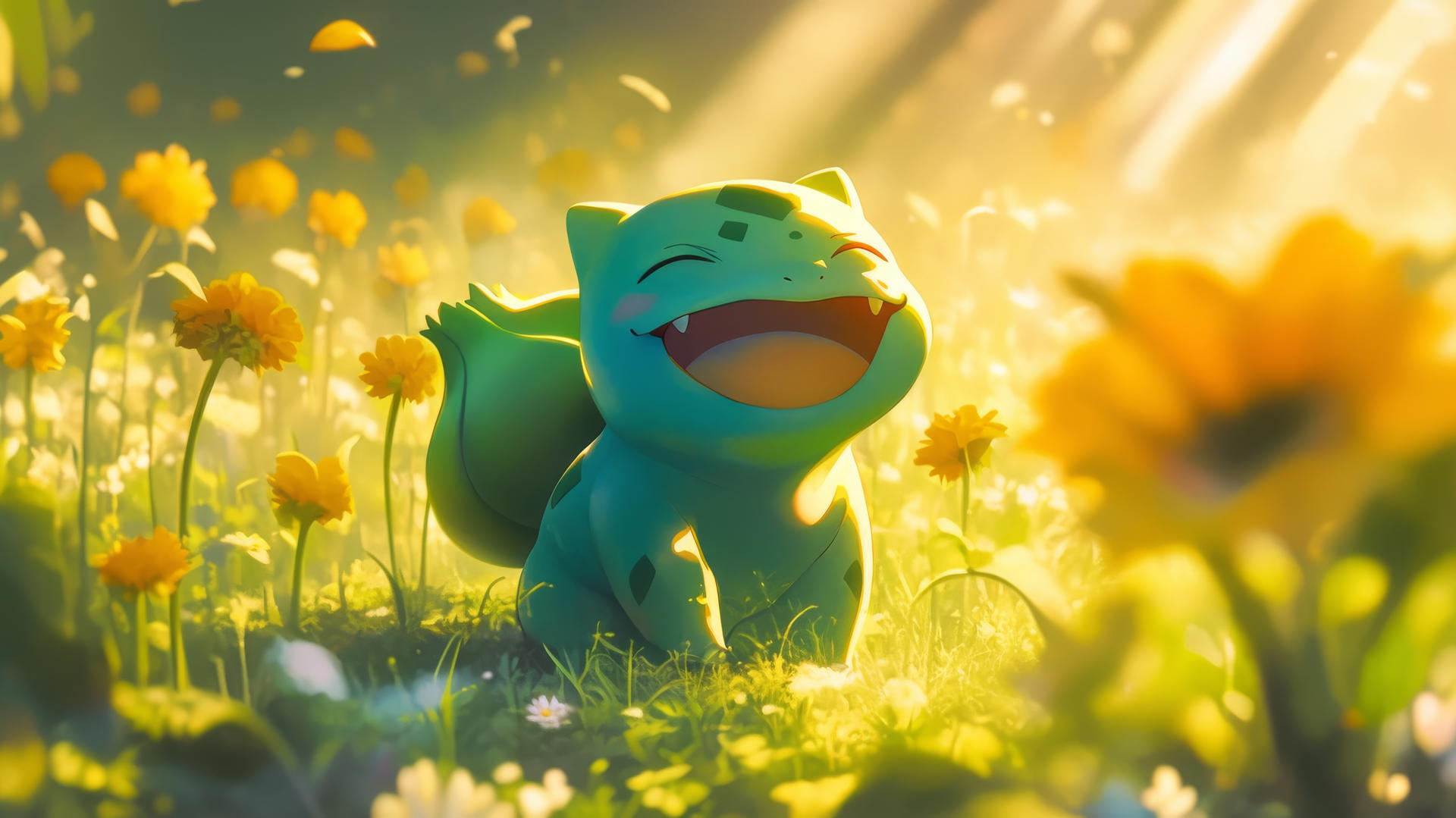 Pokemon Bulbasaur in a vibrant sunflower field at sunrise with golden rays.