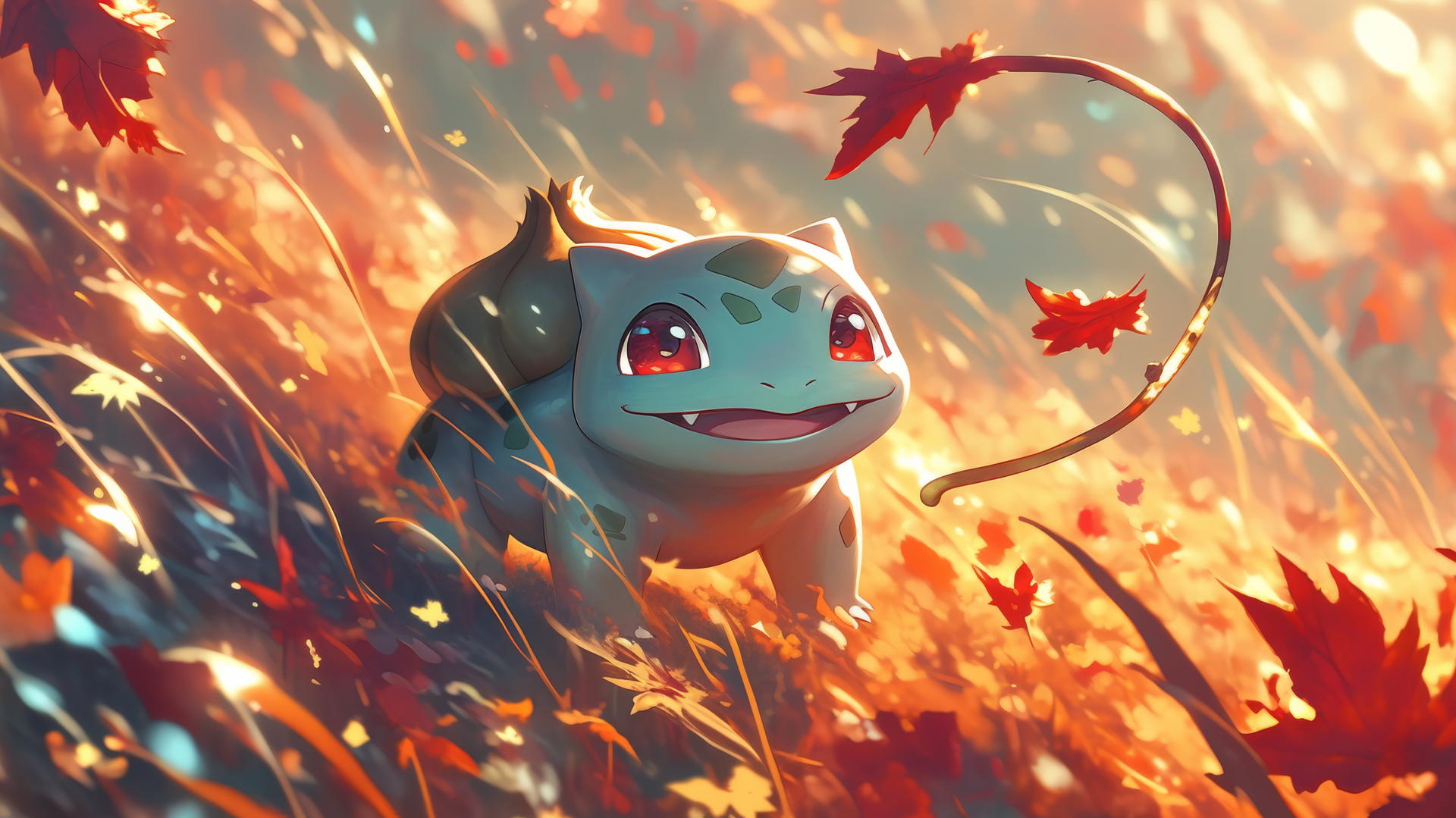Pokemon Bulbasaur in field of tall grass with swirling autumn leaves