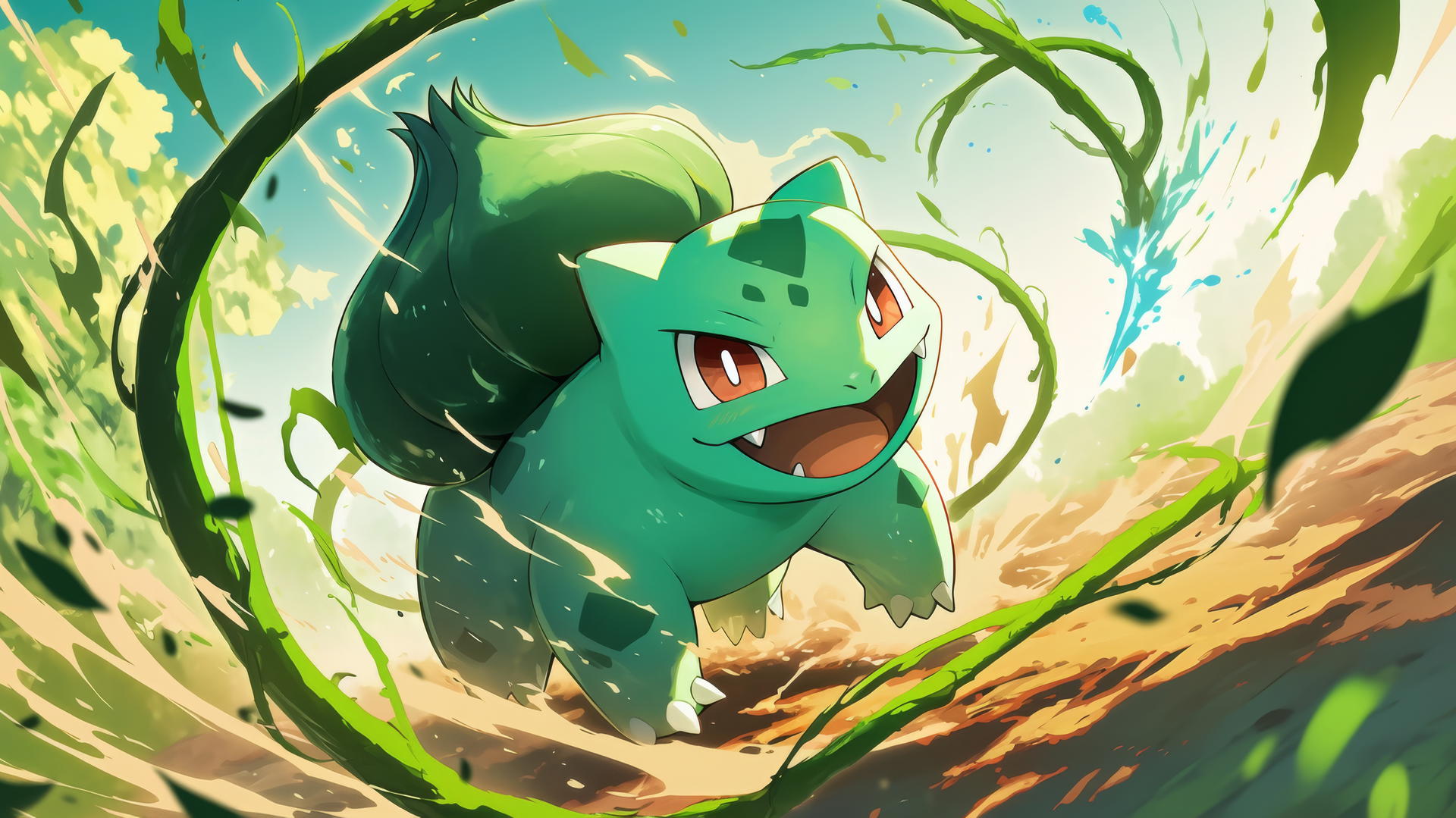 Pokemon Bulbasaur using vine whip in dynamic action scene with leaves and dust