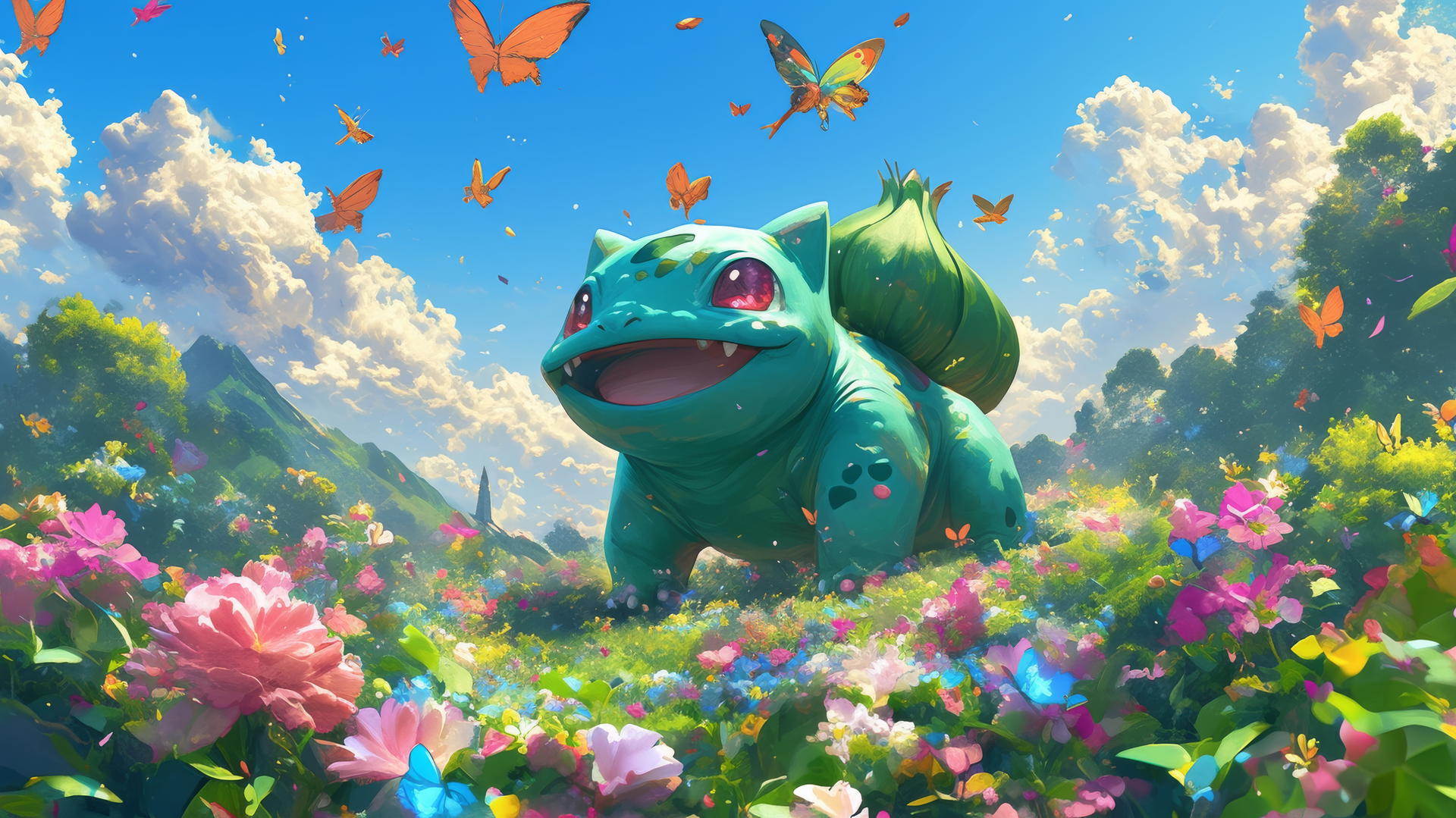 Pokemon Bulbasaur chasing butterflies in a garden