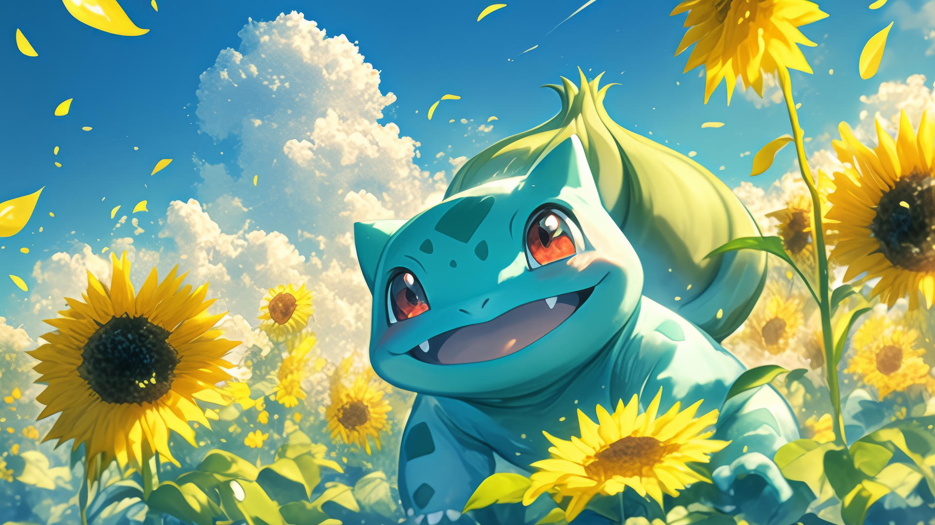 Bulbasaur standing proudly in a field of tall sunflowers with a bright blue sky