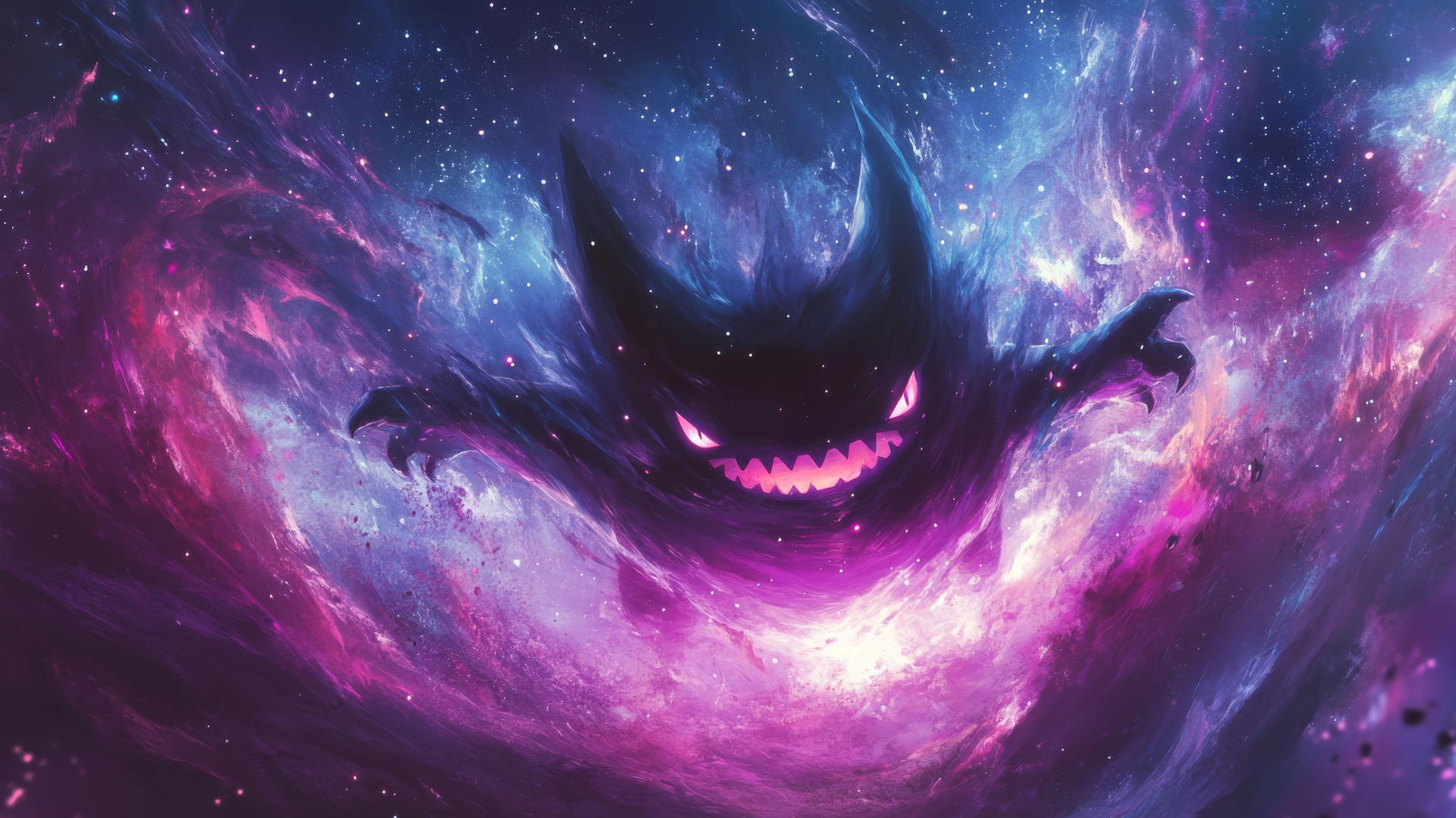 Gengar Pokemon flying through space with vibrant swirling colors and stars