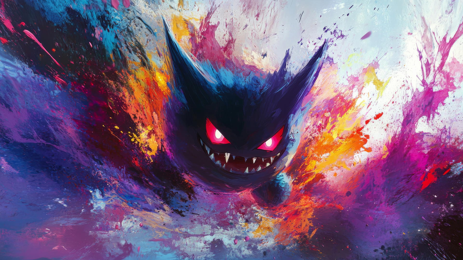 Gengar surrounded by colorful paint splashes in an abstract art style
