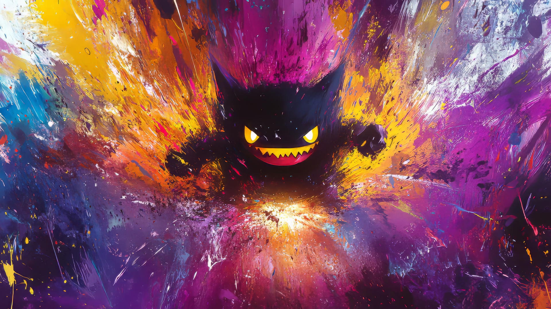 Gengar pokemon surrounded by colorful paint splashes in an abstract art style