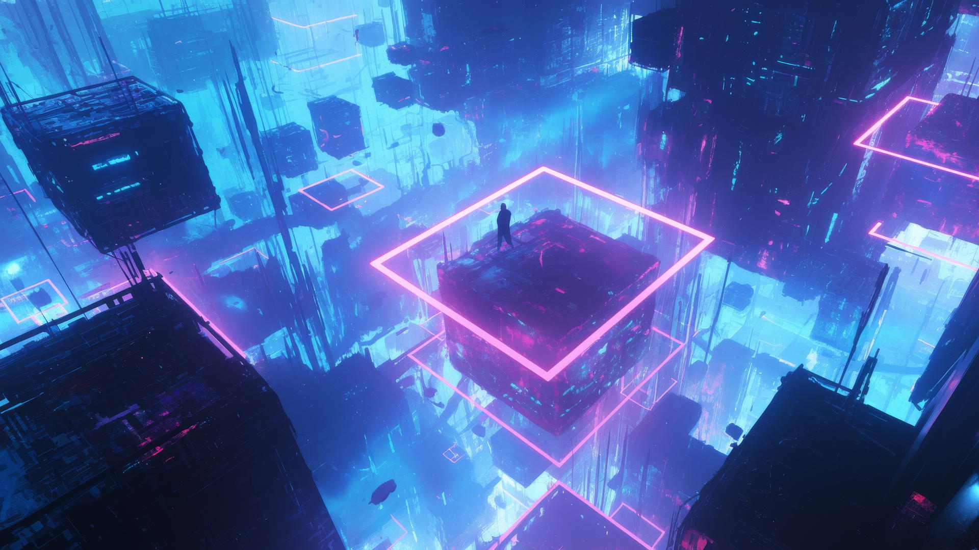 Cool wallpapers 4K of a futuristic digital world with neon grids and floating holograms