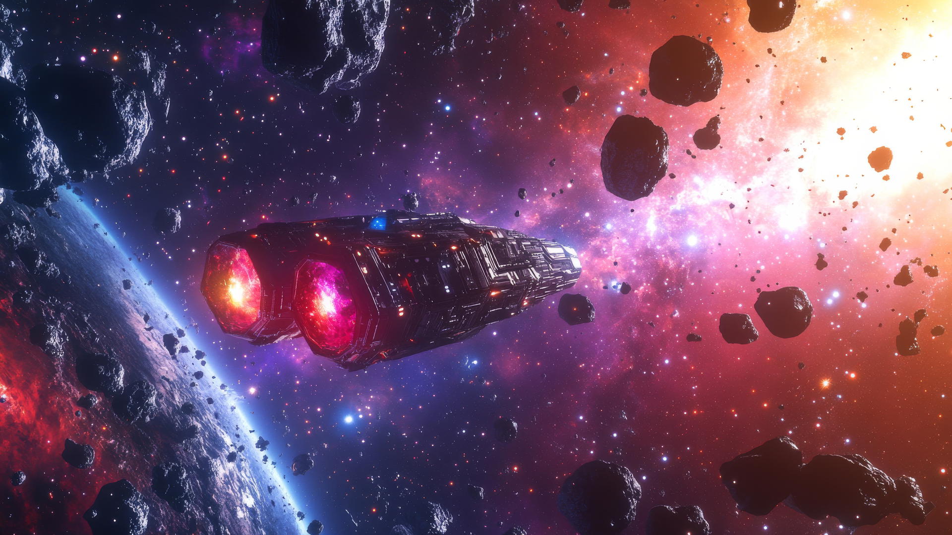 Cool wallpapers 4k of a spaceship flying through colorful asteroid field with distant galaxies