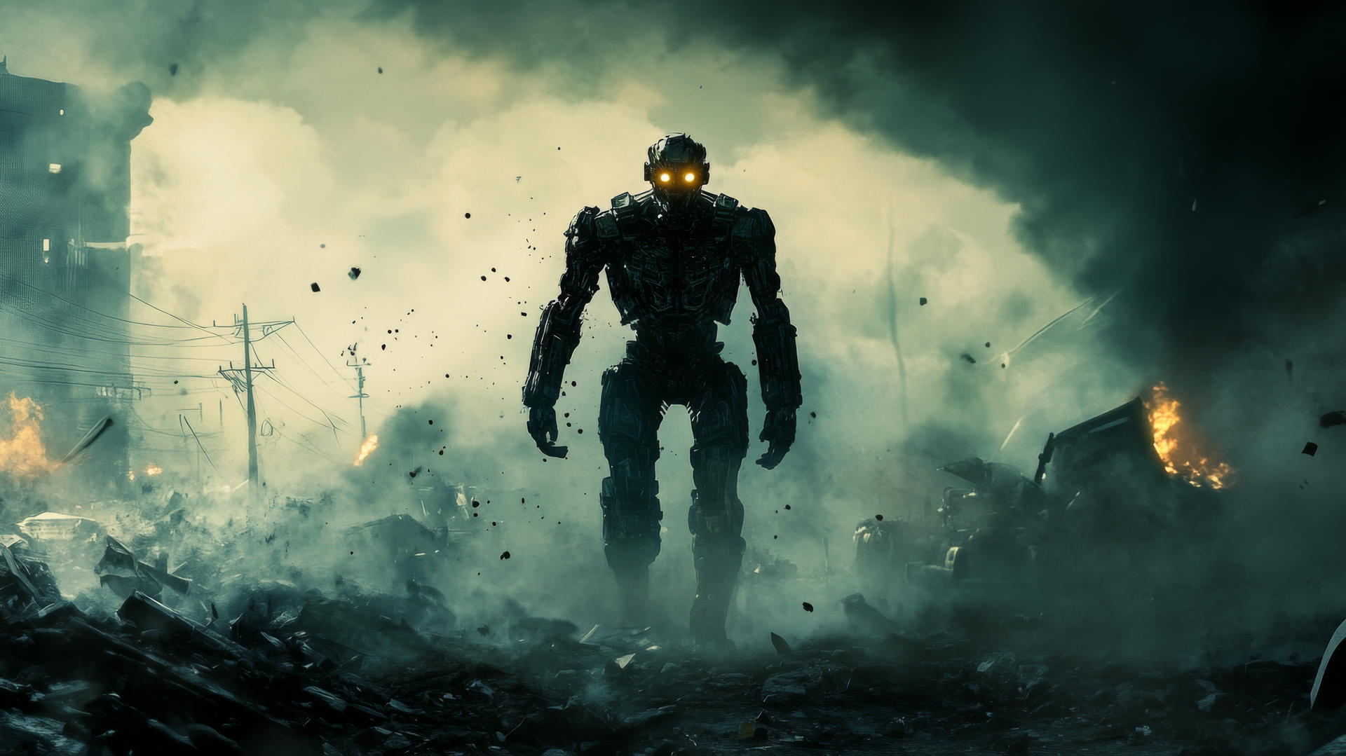 cool wallpapers for boys featuring a detailed robot warrior with glowing eyes in a futuristic battlefield