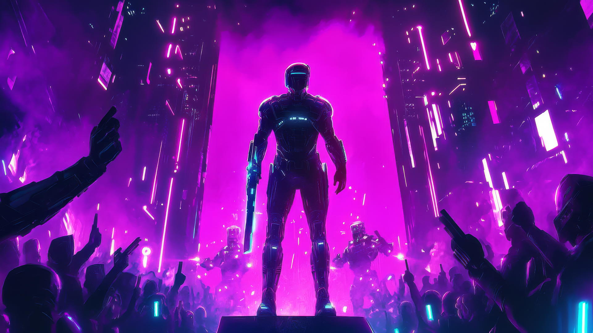 A futuristic gladiator in an arena with glowing weapons and robotic spectators. Cool wallpapers for boys.
