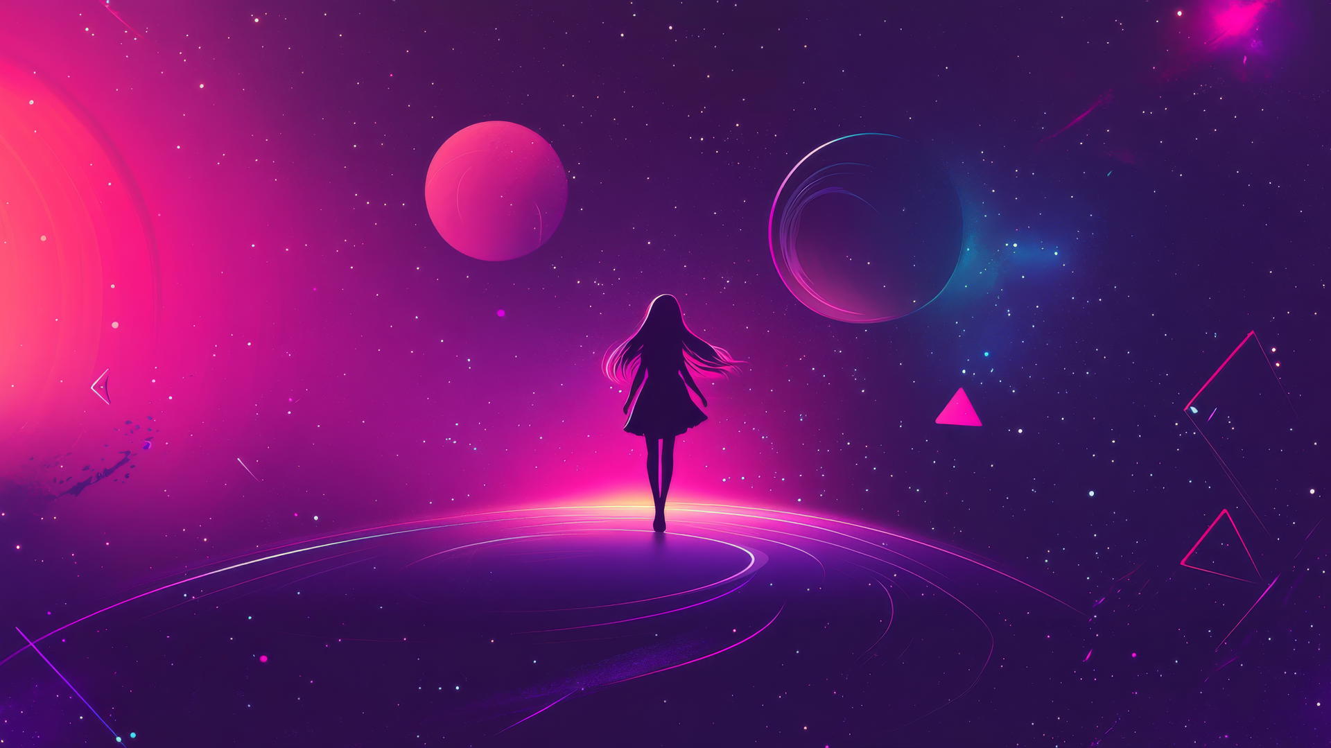 Girl floating in space with glowing planets and geometric stars on purple to black gradient.