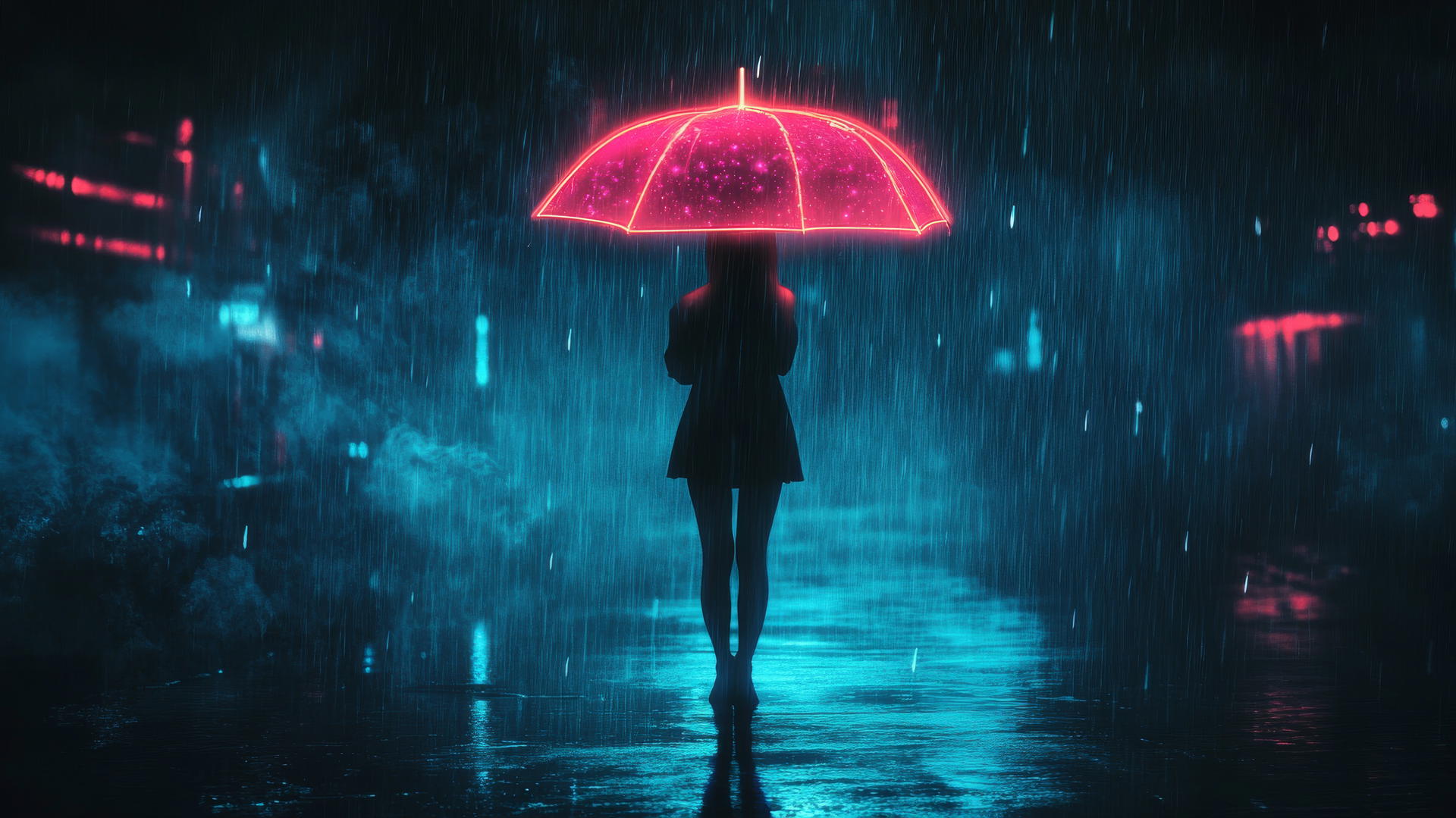 Girl holding glowing umbrella in rain with neon raindrops on dark background