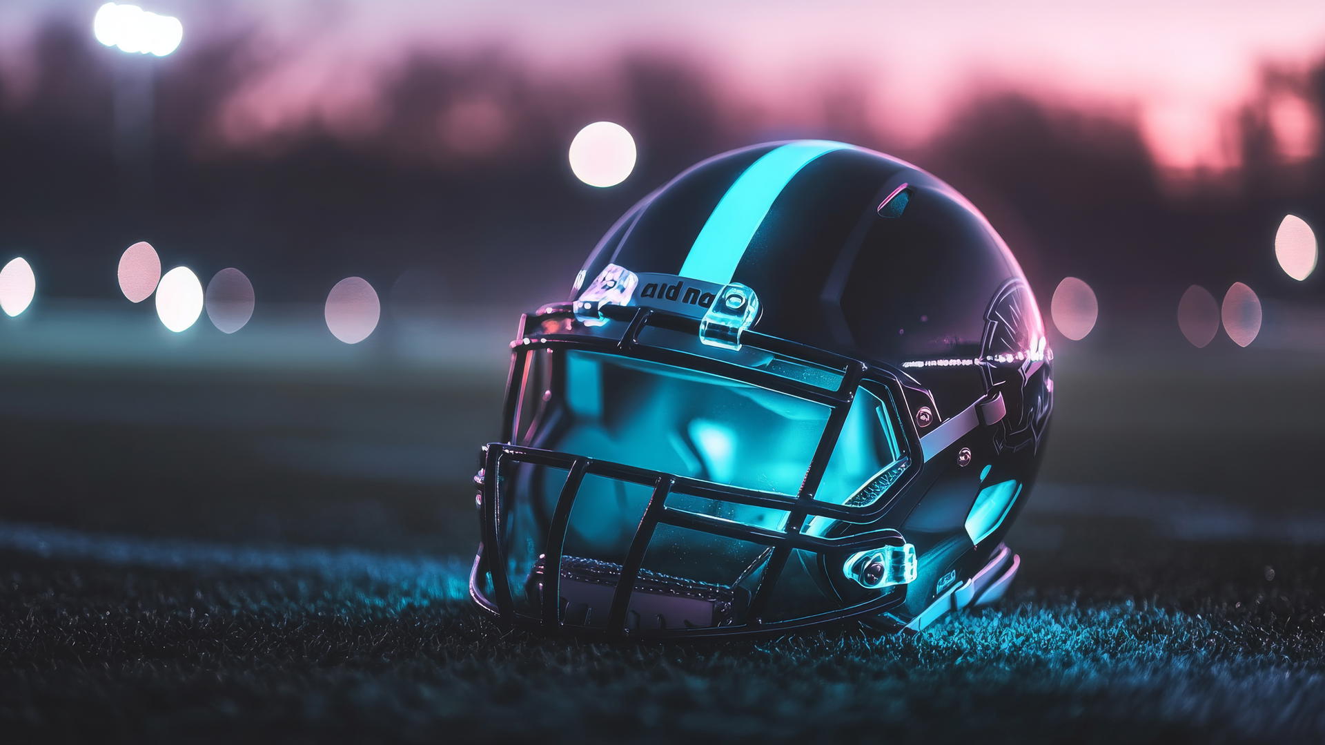 glowing NFL football helmet on turf with sleek minimalist look