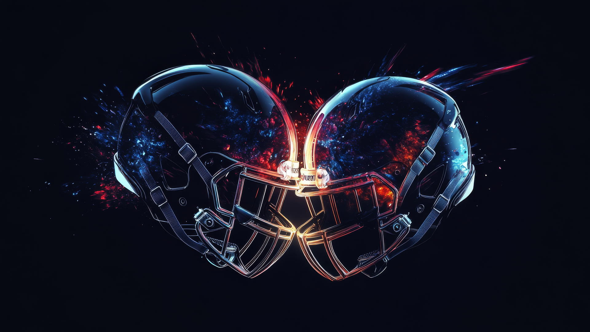 Minimalist design of NFL helmets colliding with neon light bursts on black backdrop