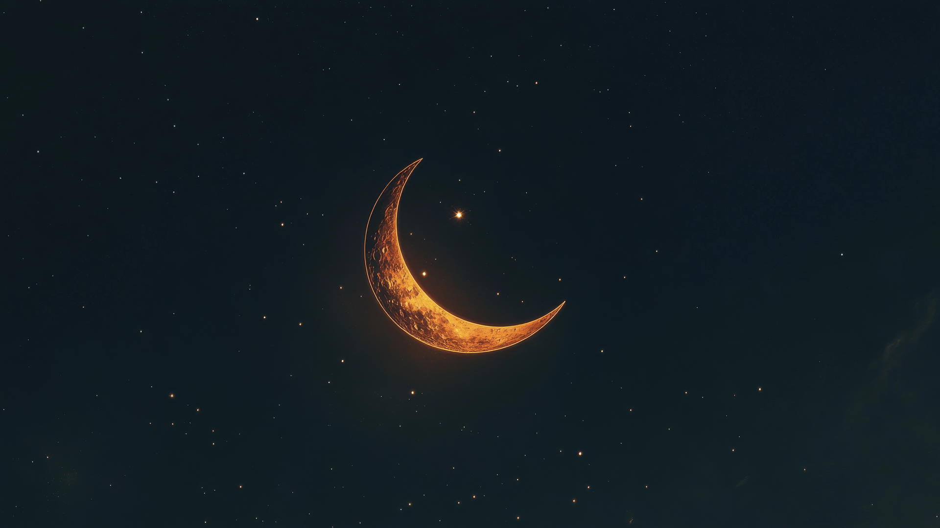 Minimalist outline of glowing crescent moon with distant stars in dark sky