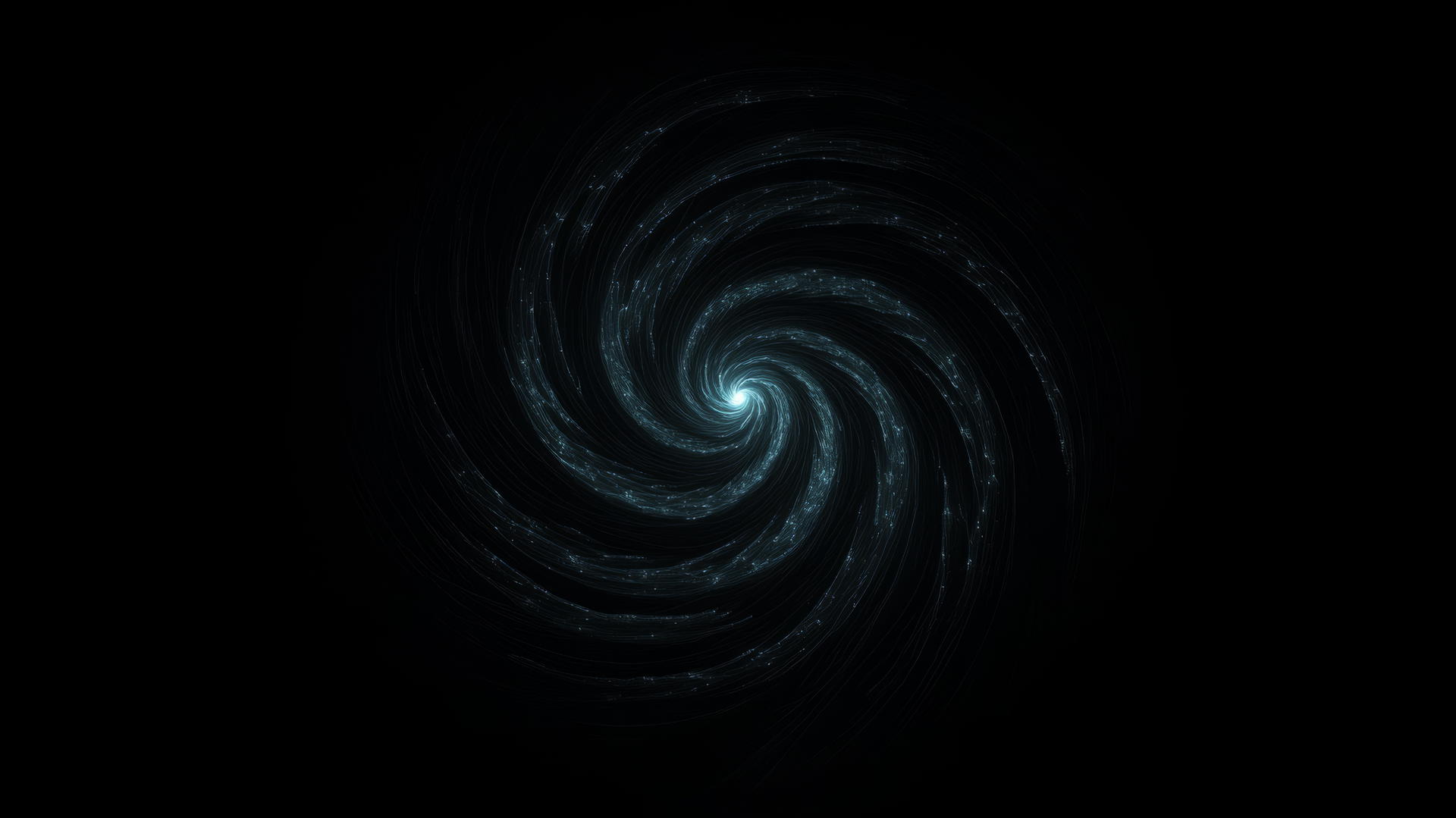 Black spiral galaxy with faint neon edge glow on black background