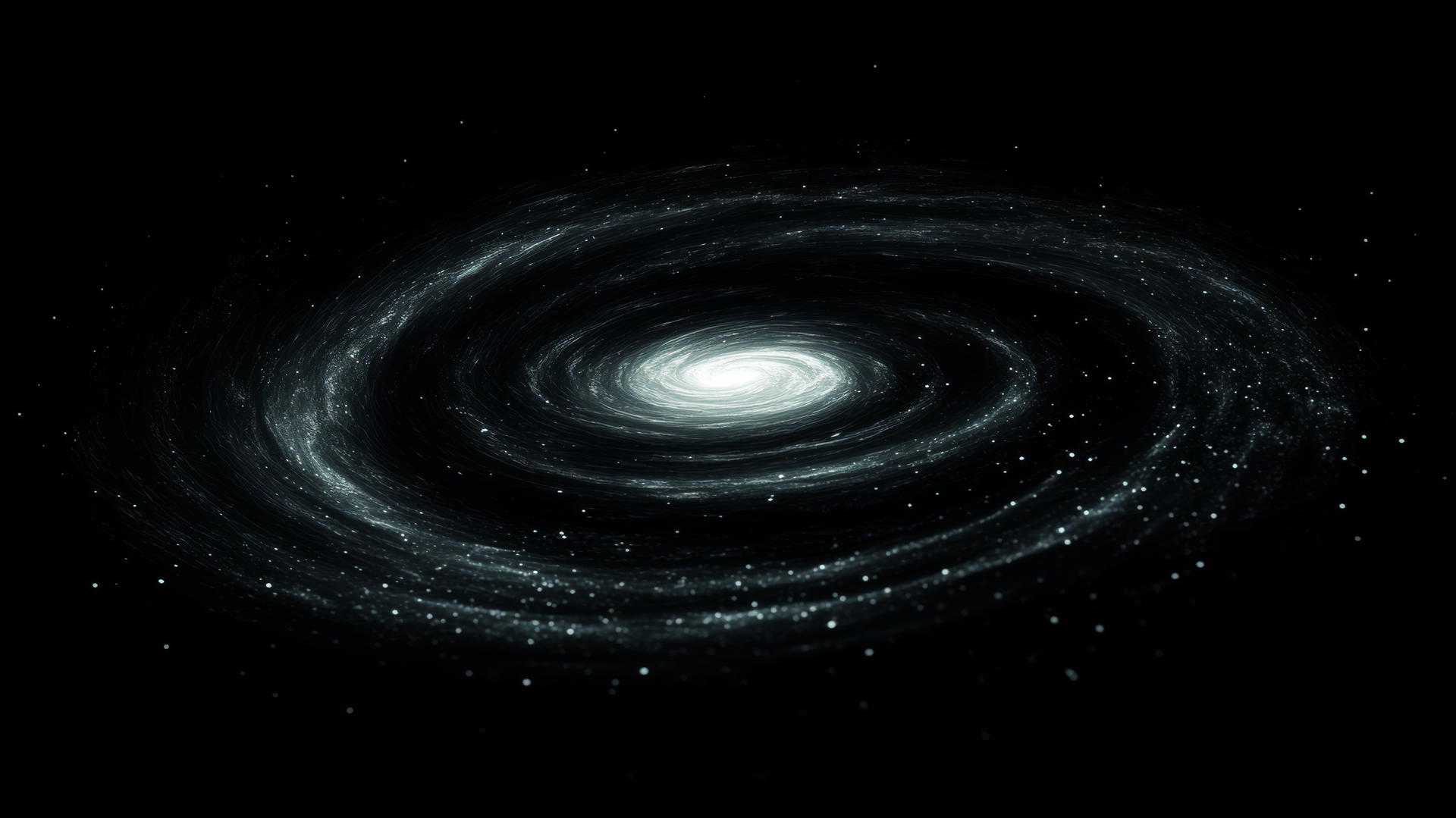 Black spiral galaxy with faint neon edges against a black background