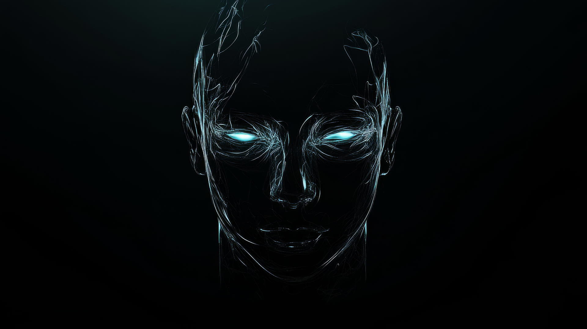 Minimalist glowing black mask with neon edges and softly glowing eye sockets
