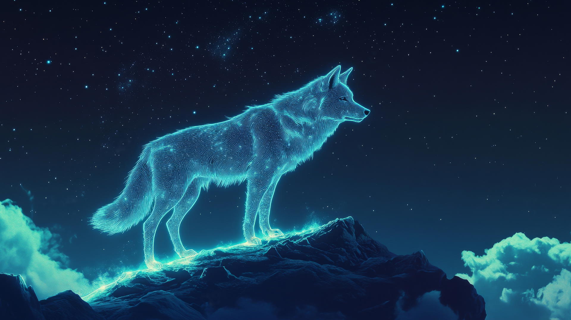 glowing wolf on mountain peak with starry sky