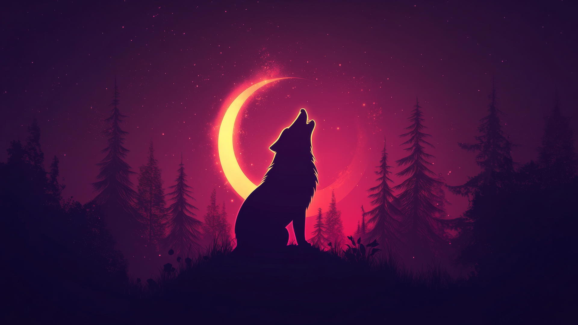 Silhouette of a wolf howling at a glowing crescent moon with neon outlines