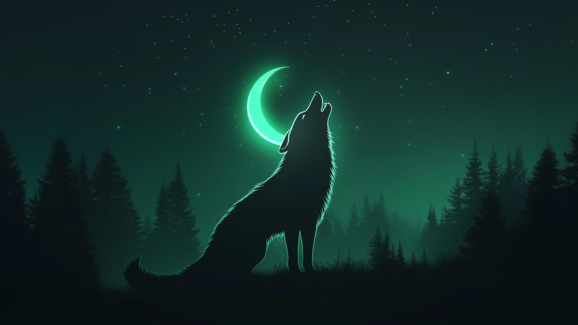Wolf silhouette howling at glowing crescent moon with neon light outline