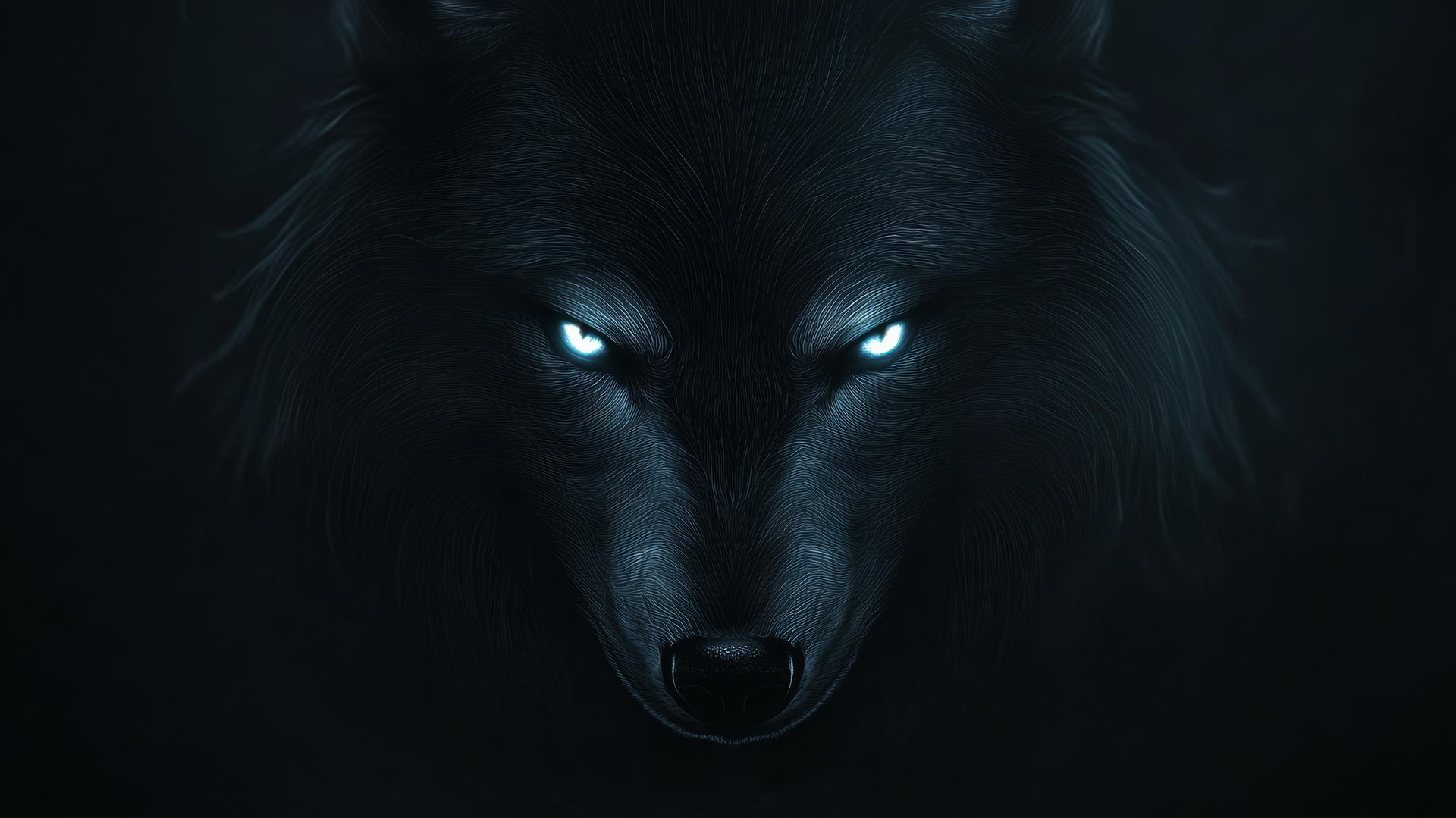 Minimalist wolf face with glowing eyes and sharp outlines in darkness.