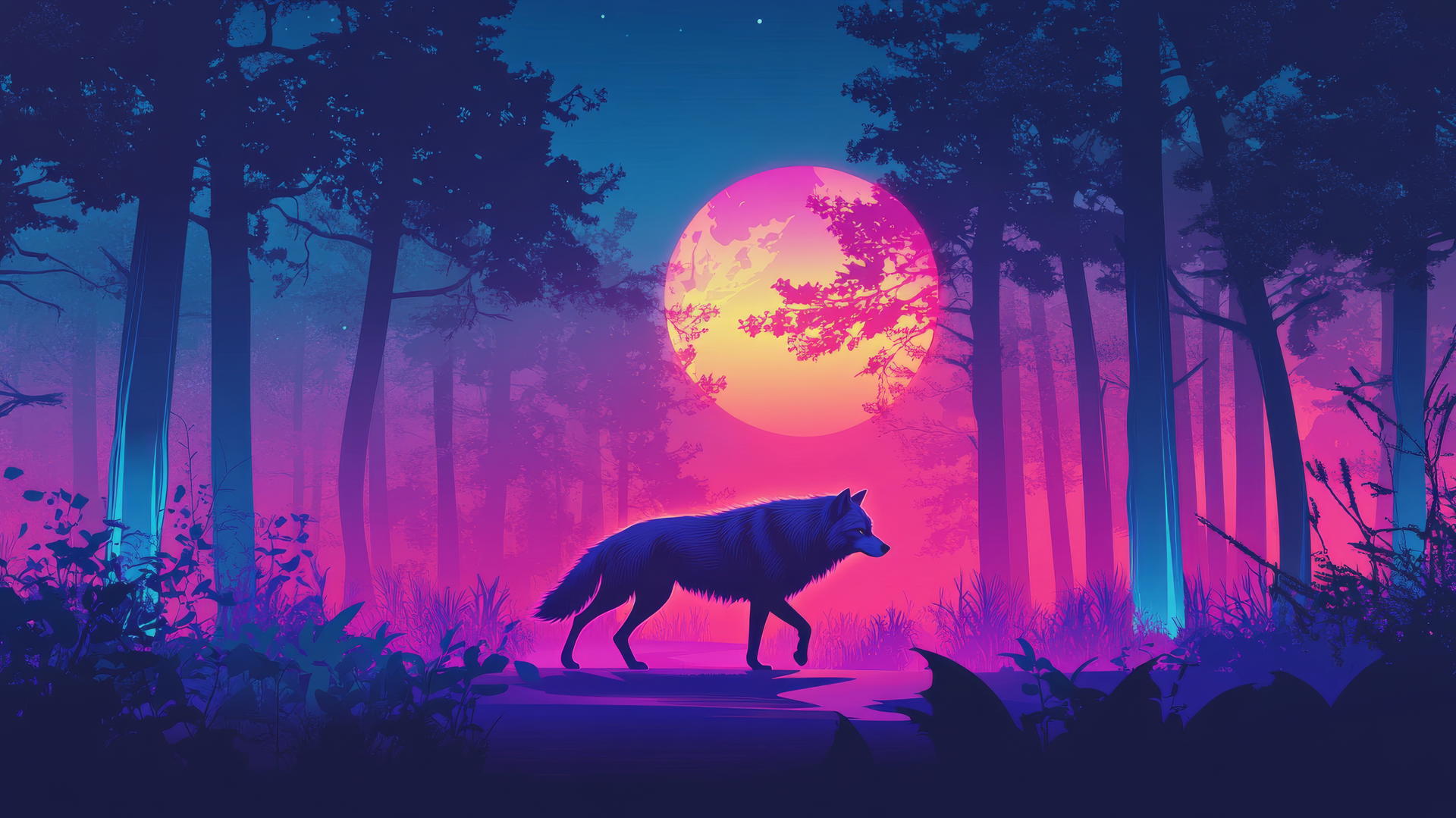 Lone wolf walks through a glowing forest with neon tree accents and a full moon.