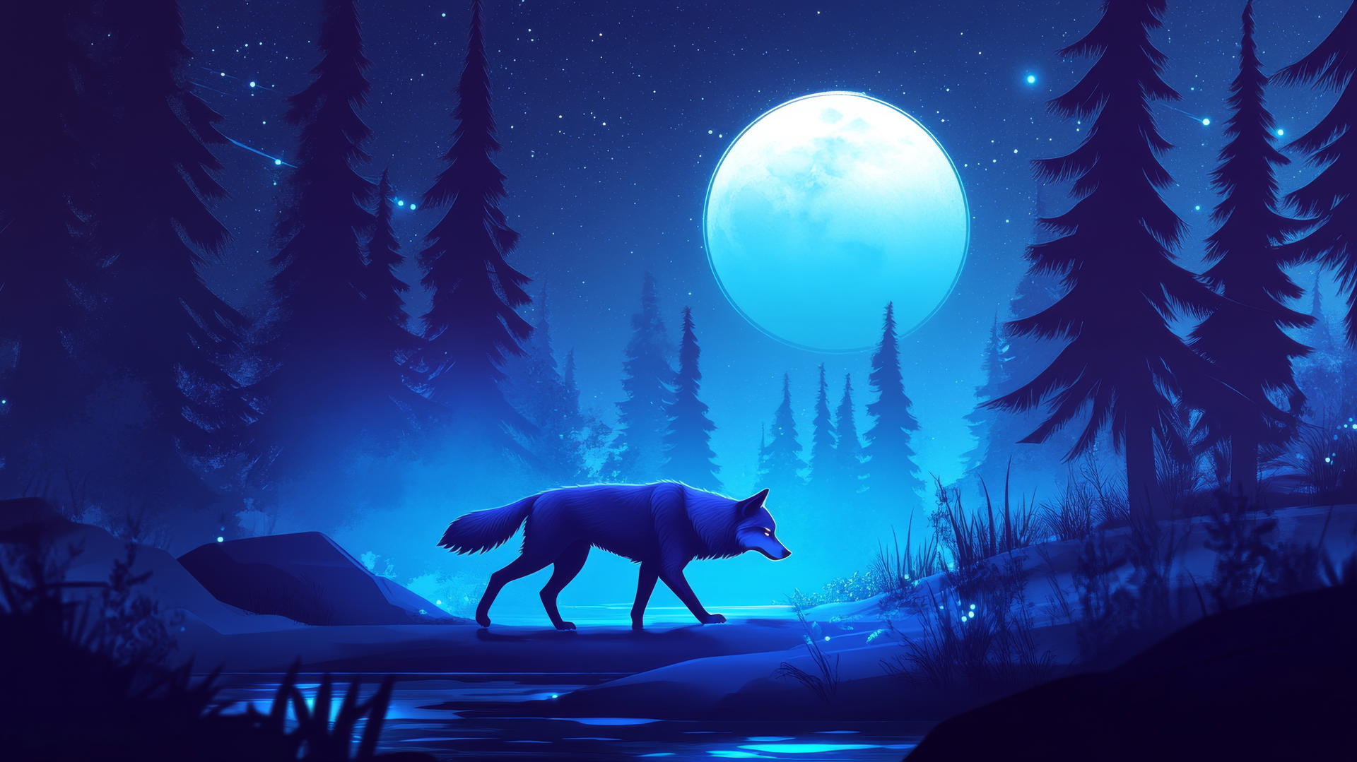 lone wolf walking through glowing neon forest with full moon