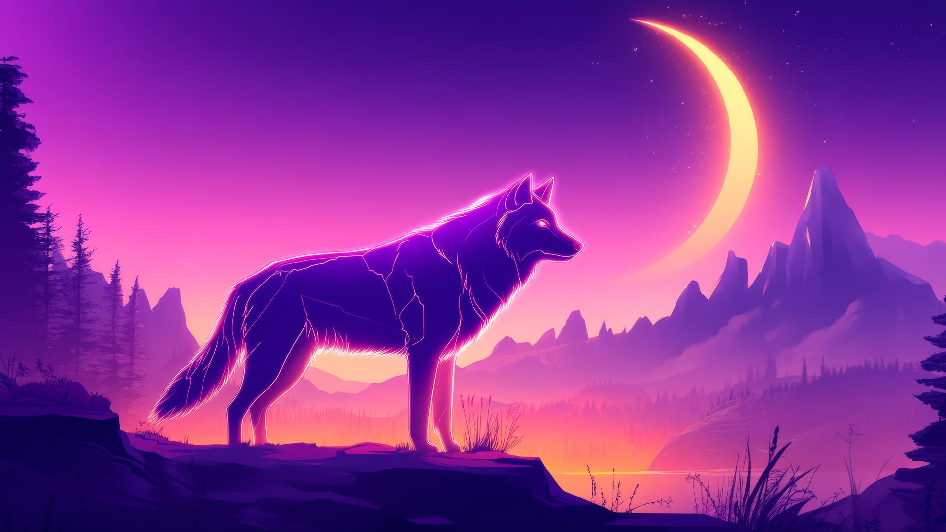 Wolf side profile with glowing outlines against minimalist mountain landscape and crescent moon.