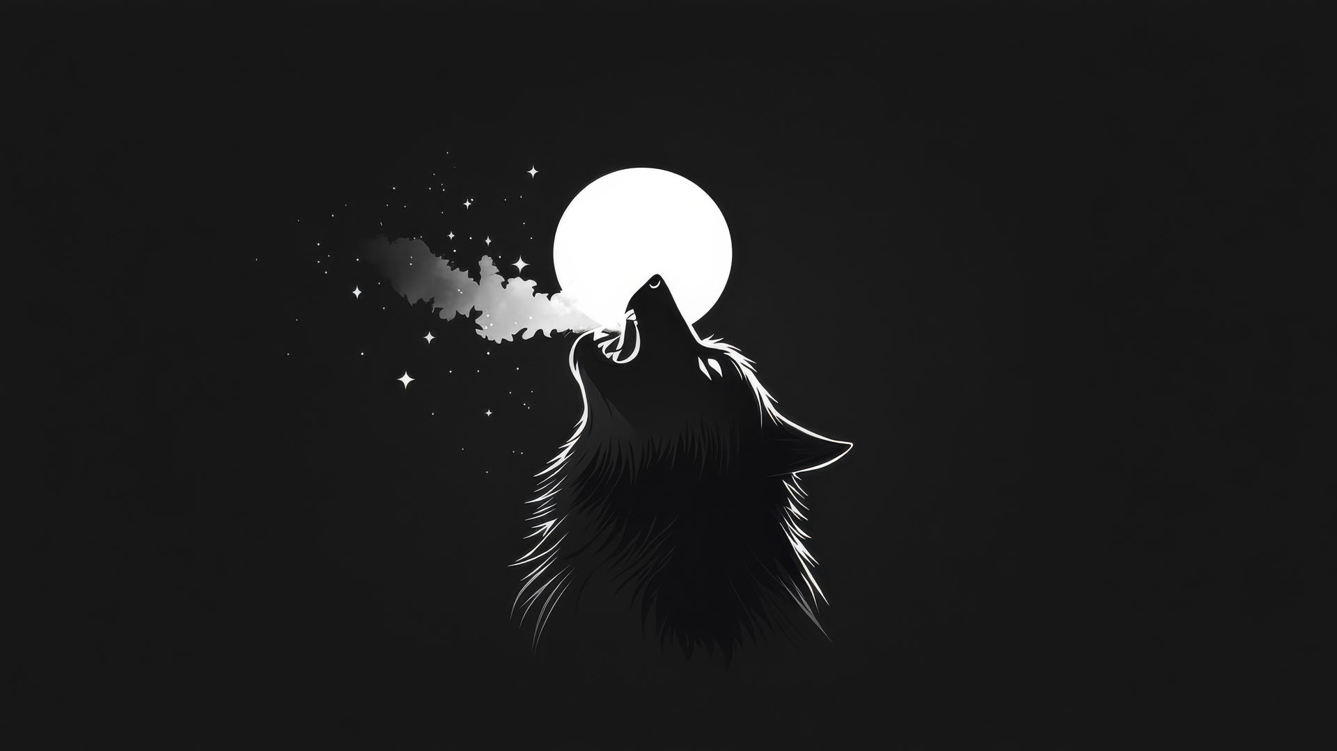Howling wolf with glowing breath under a faintly glowing moon with stars scattered.