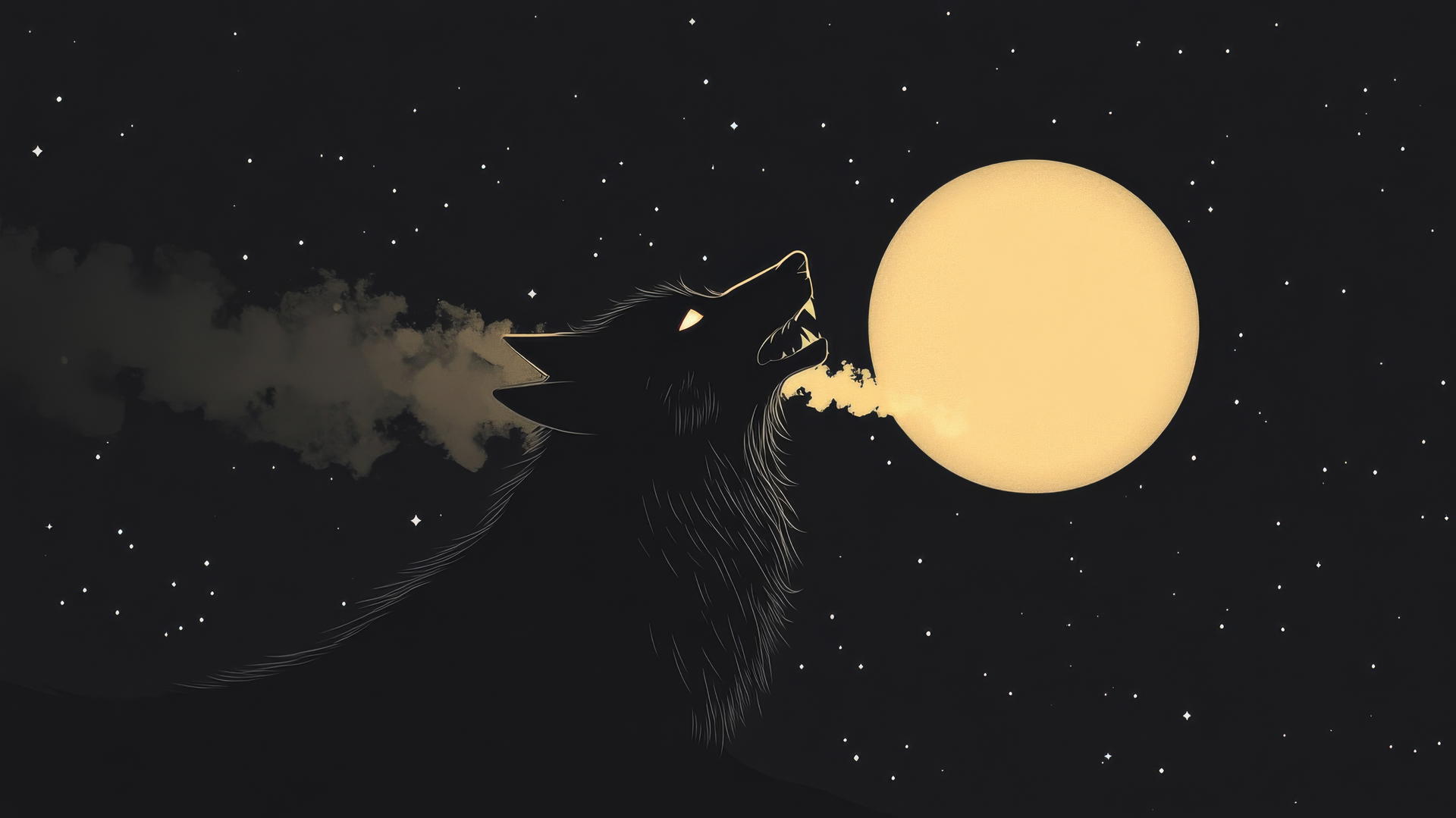 Howling wolf with glowing breath, moon and stars in dark sky