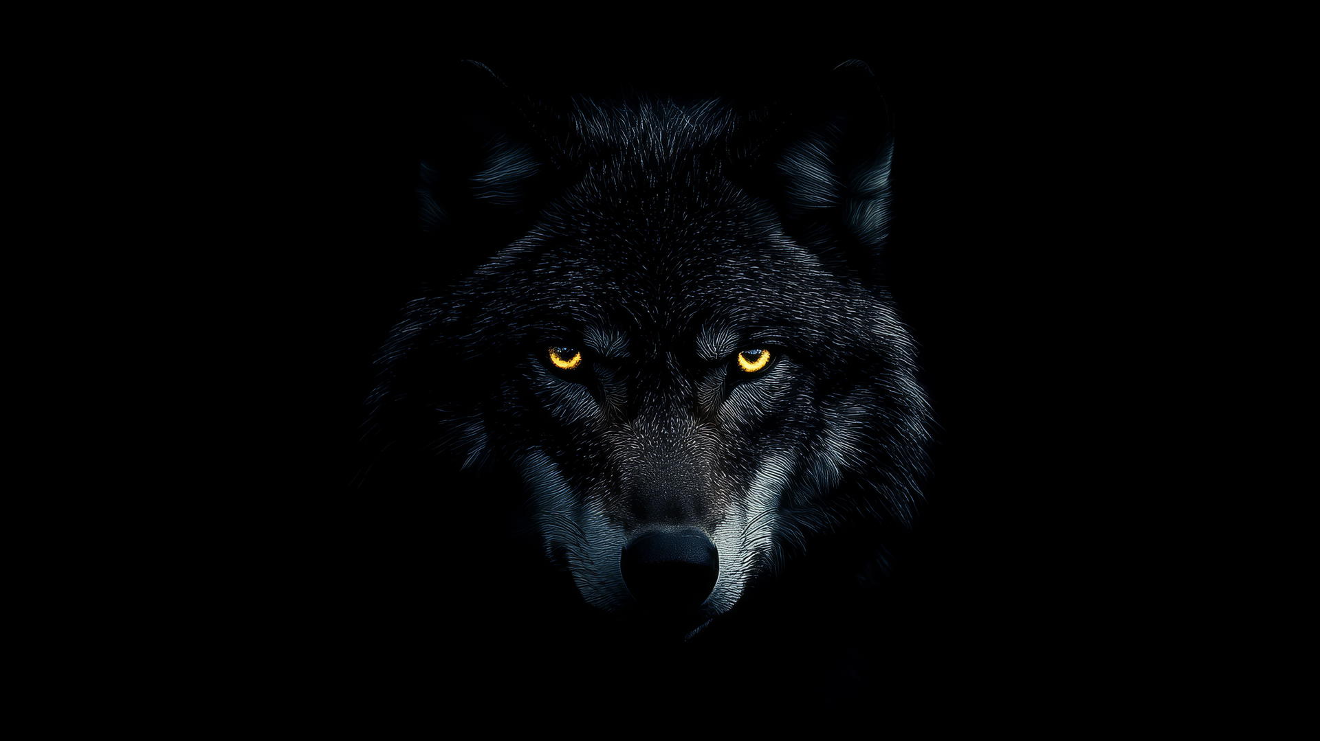 Wolf's glowing eyes peering through darkness, subtle fur highlights.
