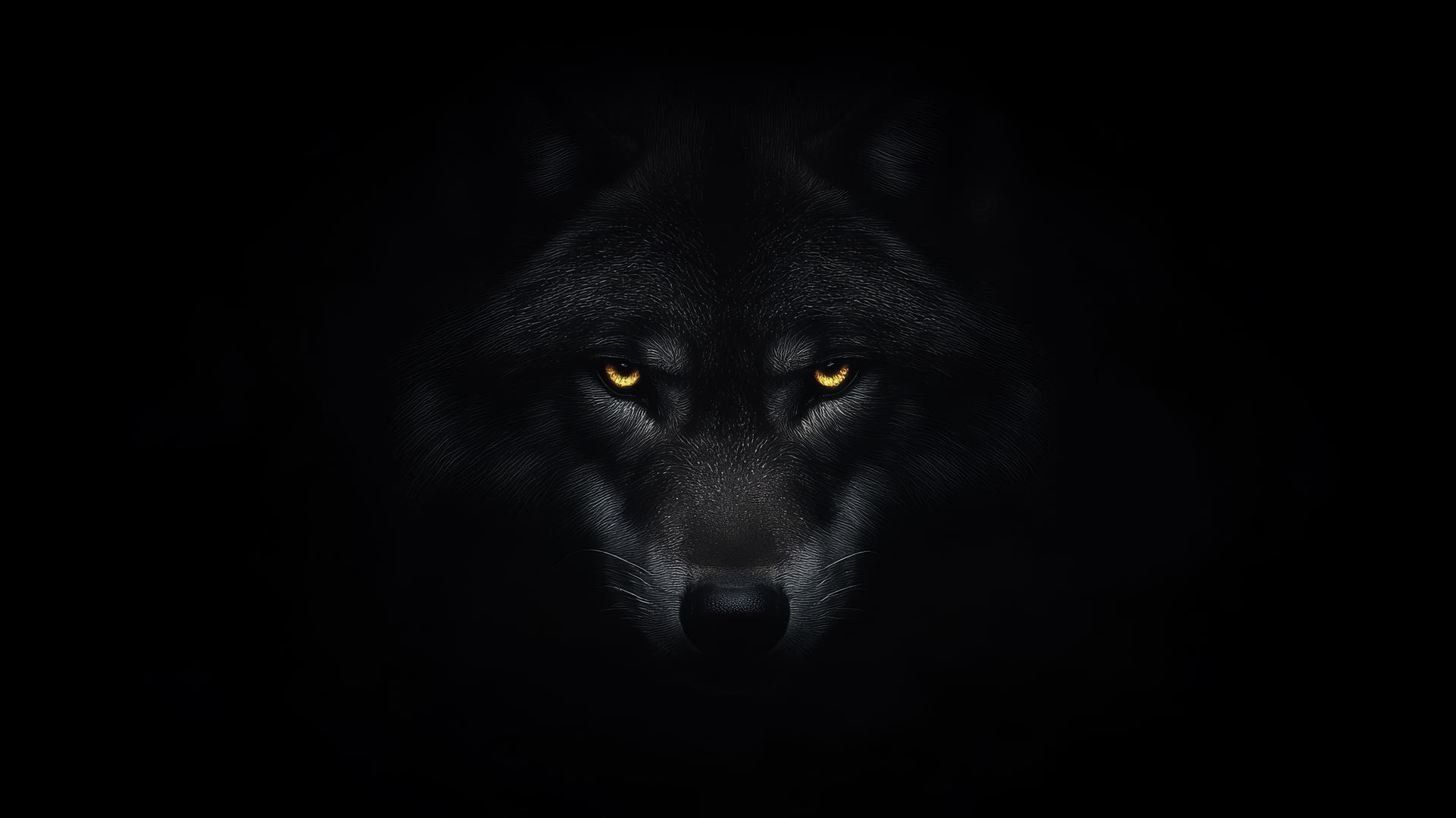 Minimalist wolf face with glowing eyes and sharp fur in darkness