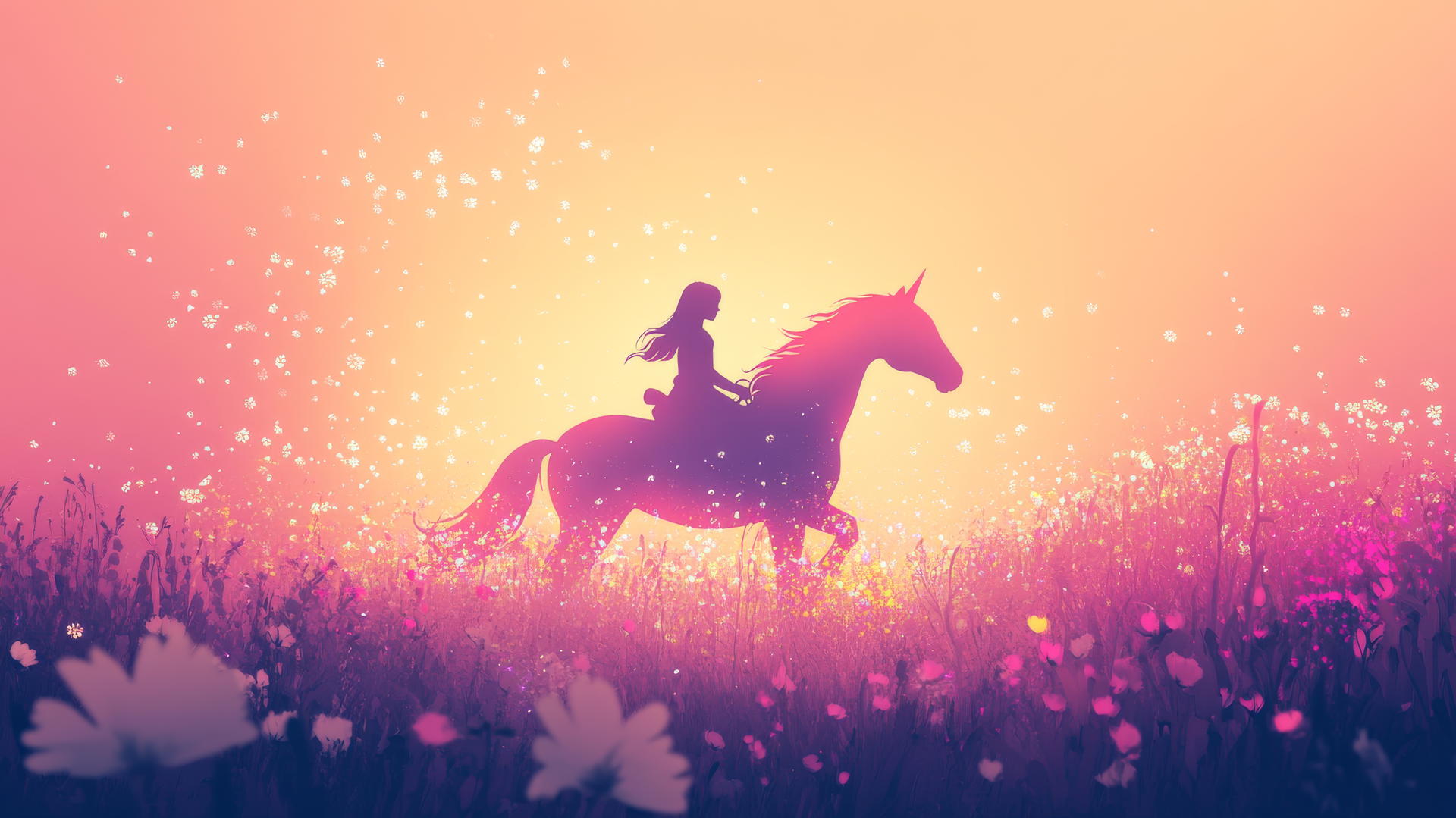 Girl riding glowing unicorn through field of flat flowers with pastel gradient background
