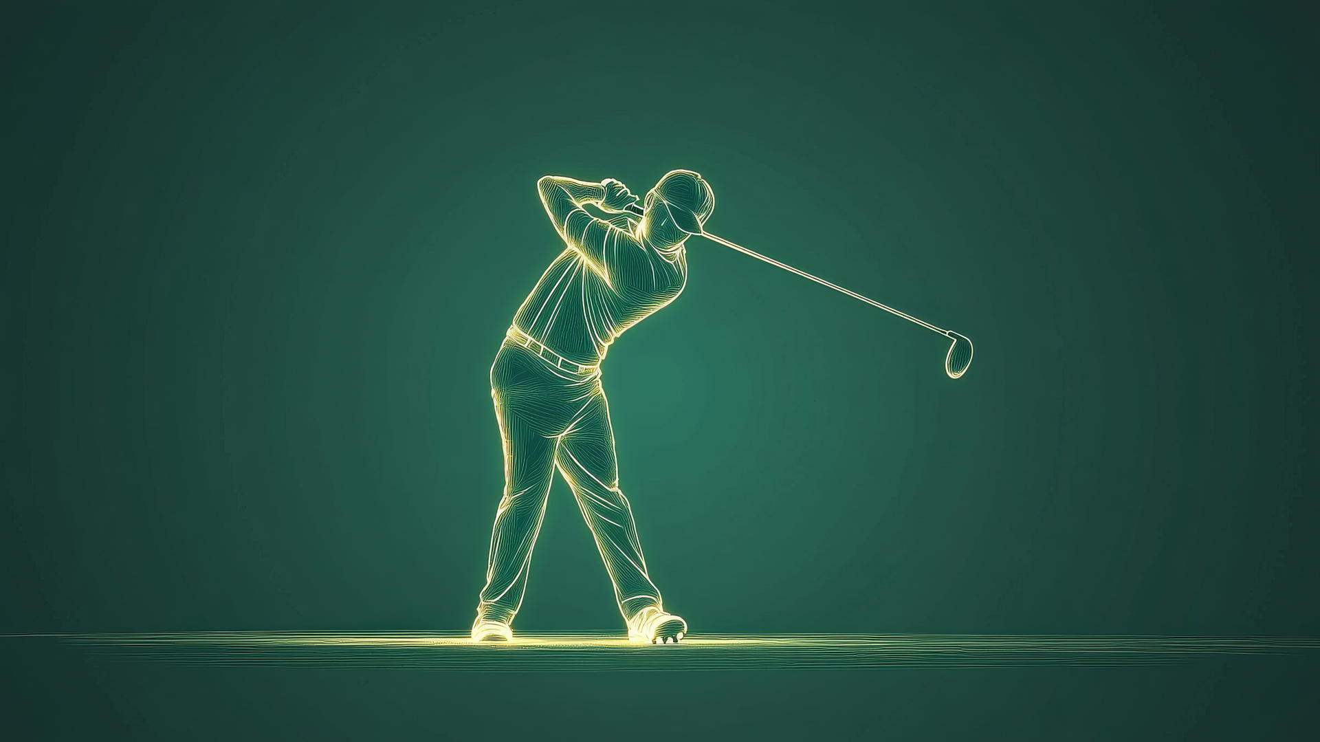 Minimalist golfer swinging with glowing ball trajectory on flat fairway