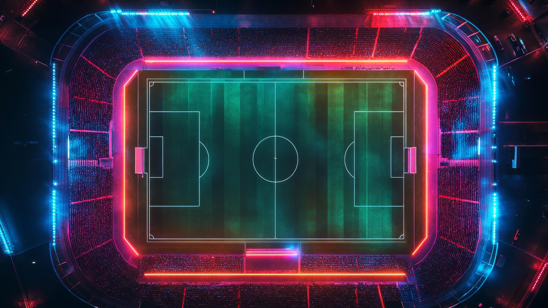 Geometric rendering of a soccer stadium from above with glowing pitch lines and neon-lit crowd.