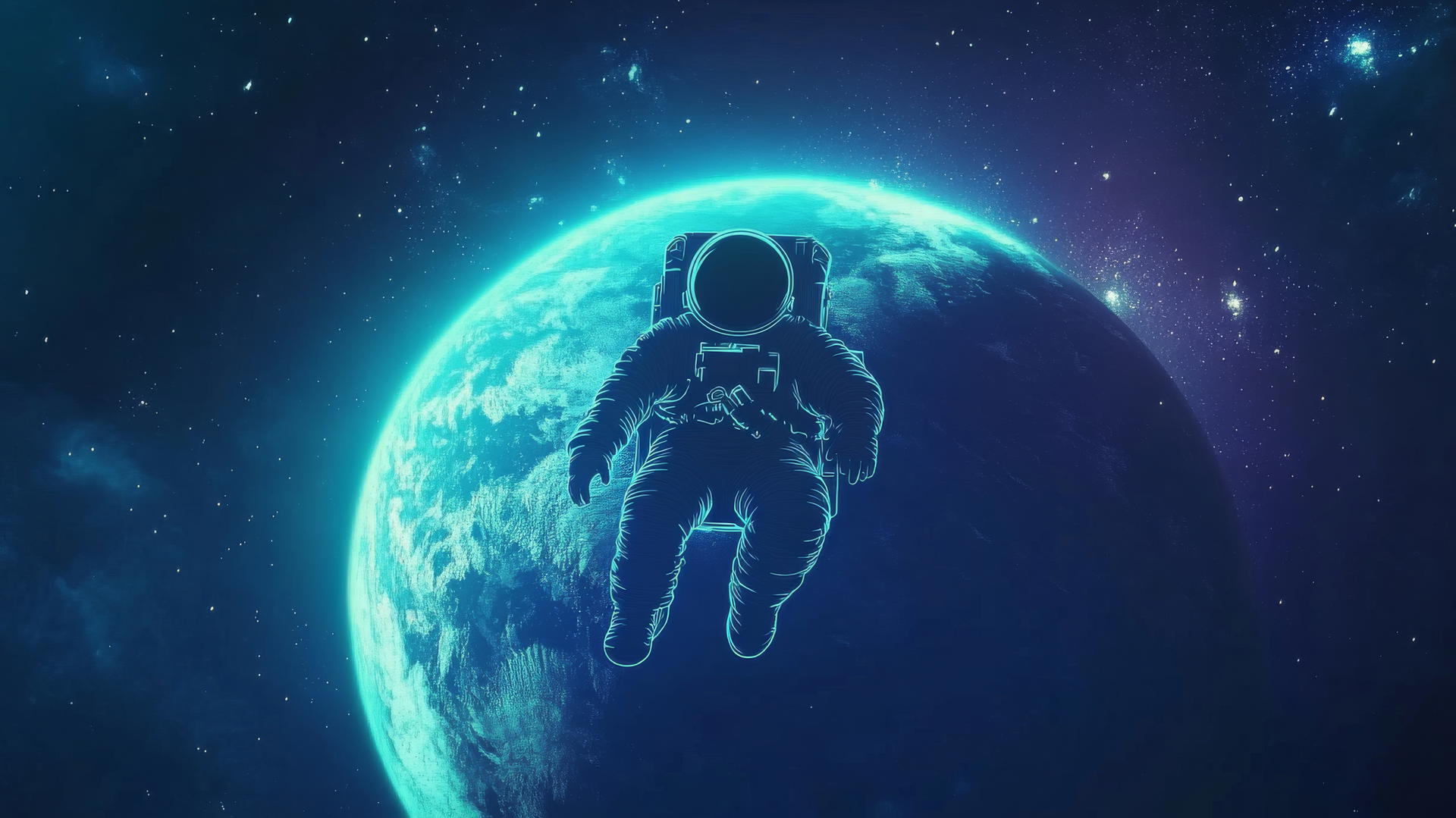 Neon outline of astronaut floating before softly lit planet with stars