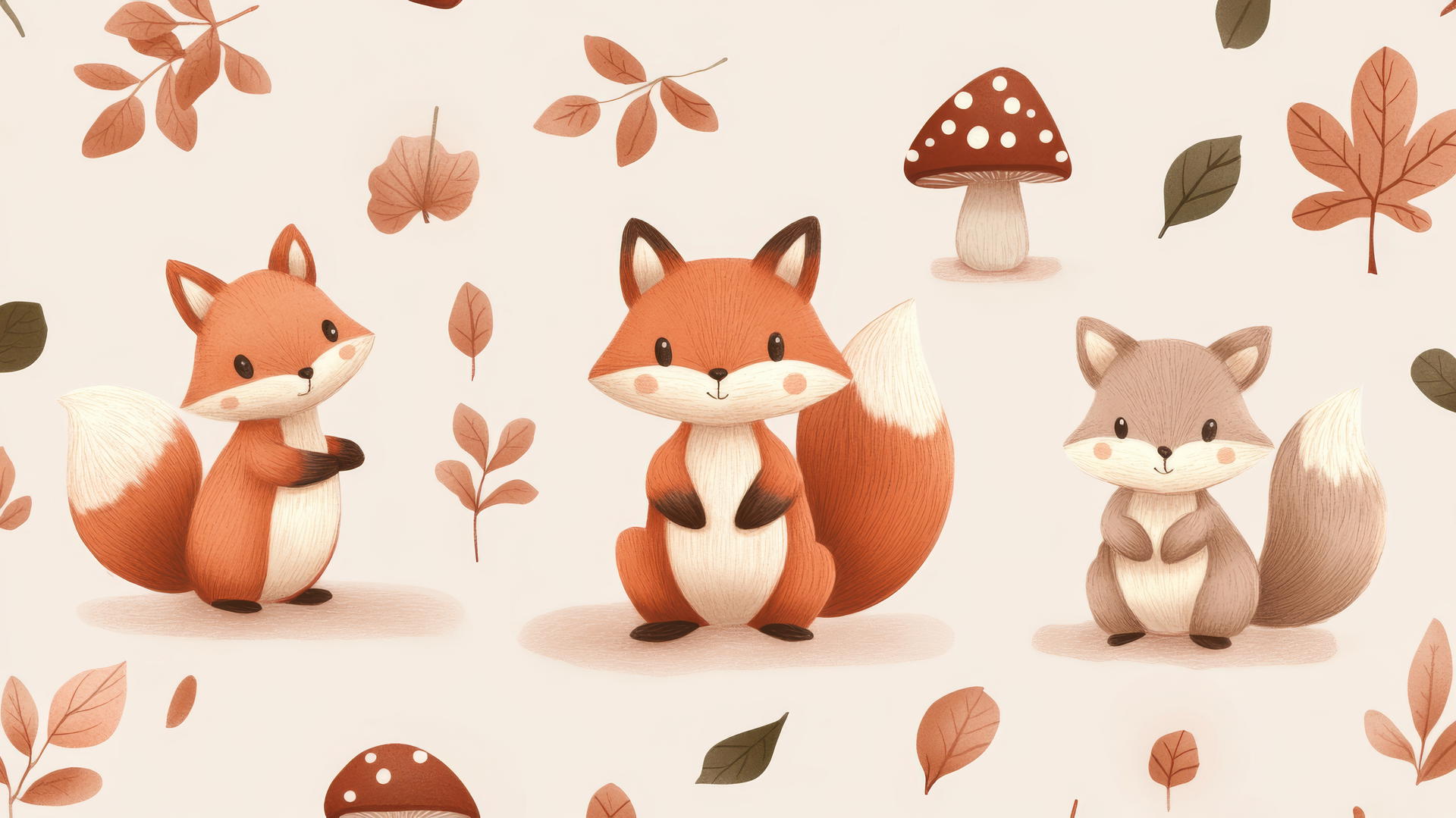 Cute foxes and squirrels with fall leaves on pastel beige